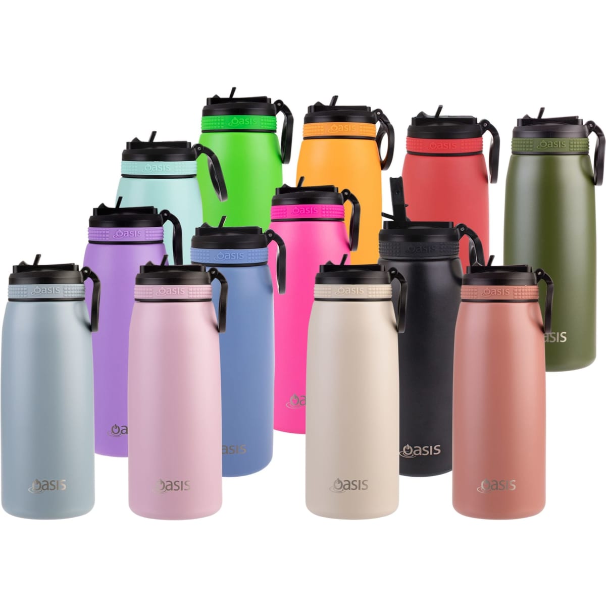 A drink bottle collection featuring various colours, including green, orange, pink, purple, black, grey, and beige, each with a logo.