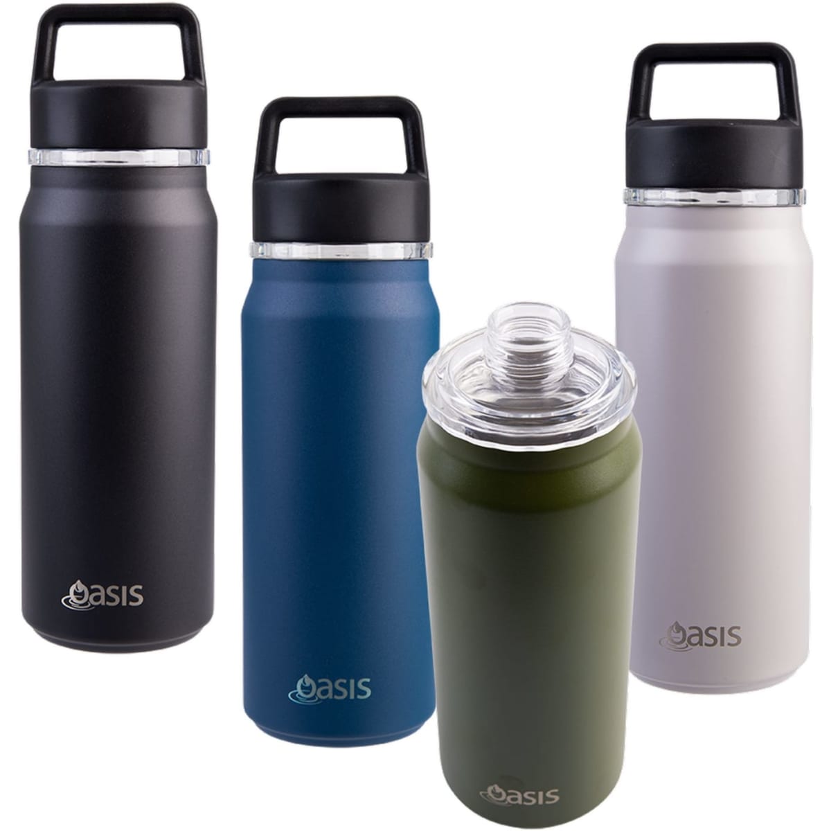 A drink bottle collection featuring black, blue, olive green, and white finishes, with a chug spout and a logo.