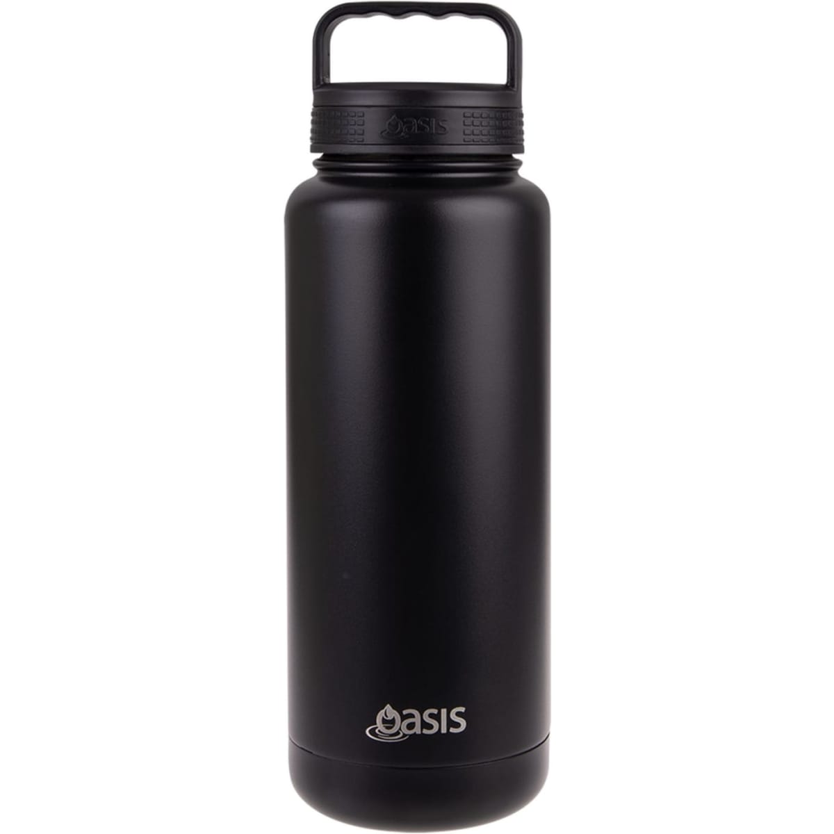 A drink bottle in matte black with a handle, featuring a logo on the front. Suitable for vacuum insulation.