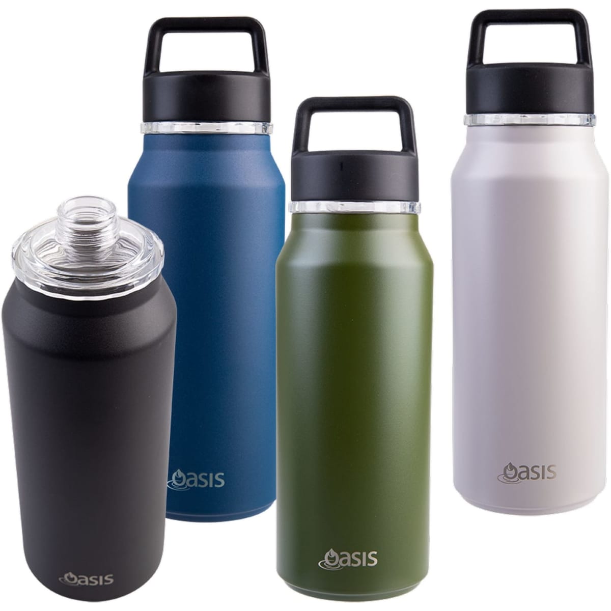 A drink bottle collection featuring a black, blue, olive green, and white insulated design, each with a chug spout.