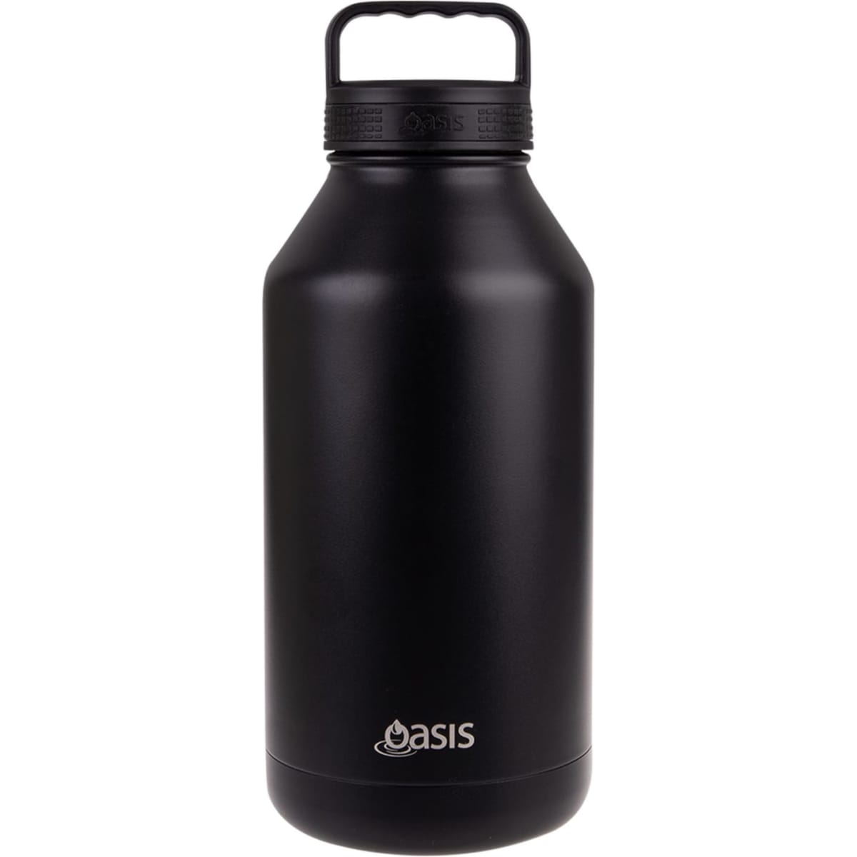 A drink bottle in matte black with a handle and a logo near the base.