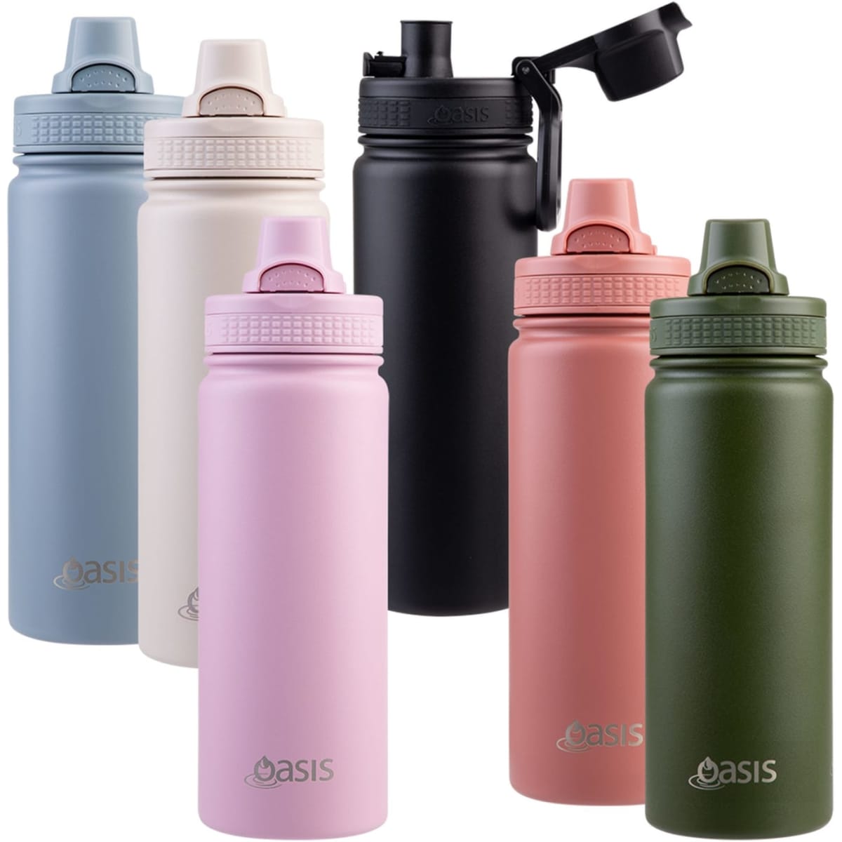 A drink bottle collection featuring six colours: light blue, white, pink, black, terracotta, and green, each with a cap and logo.