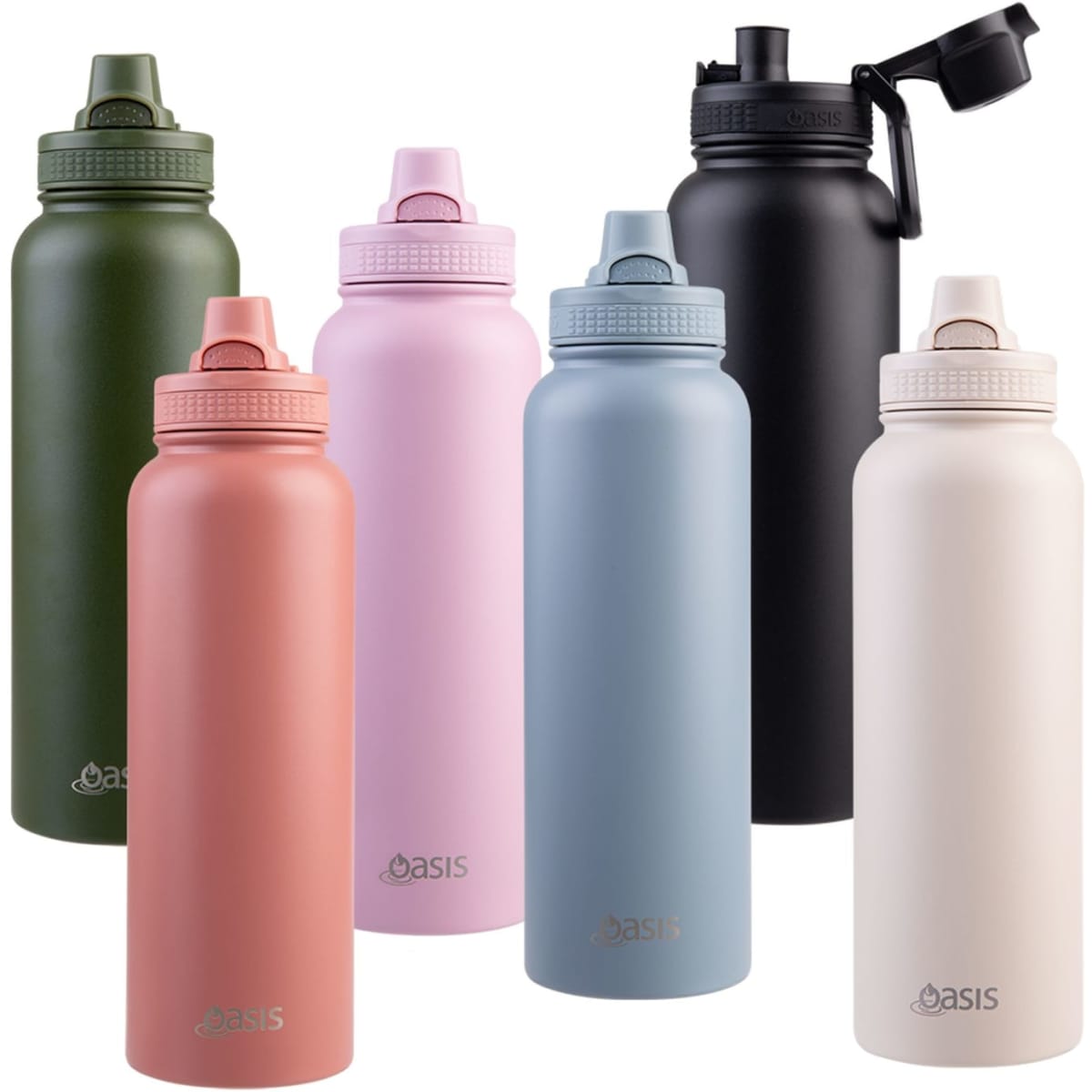 A drink bottle collection featuring green, pink, grey, black, white, and terracotta options, each with a quick release cap.