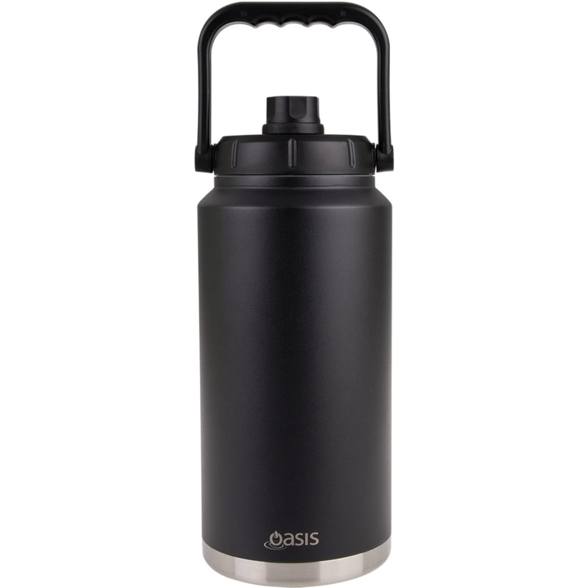A drink bottle with a black exterior and stainless steel base, featuring a carry handle and a black lid.