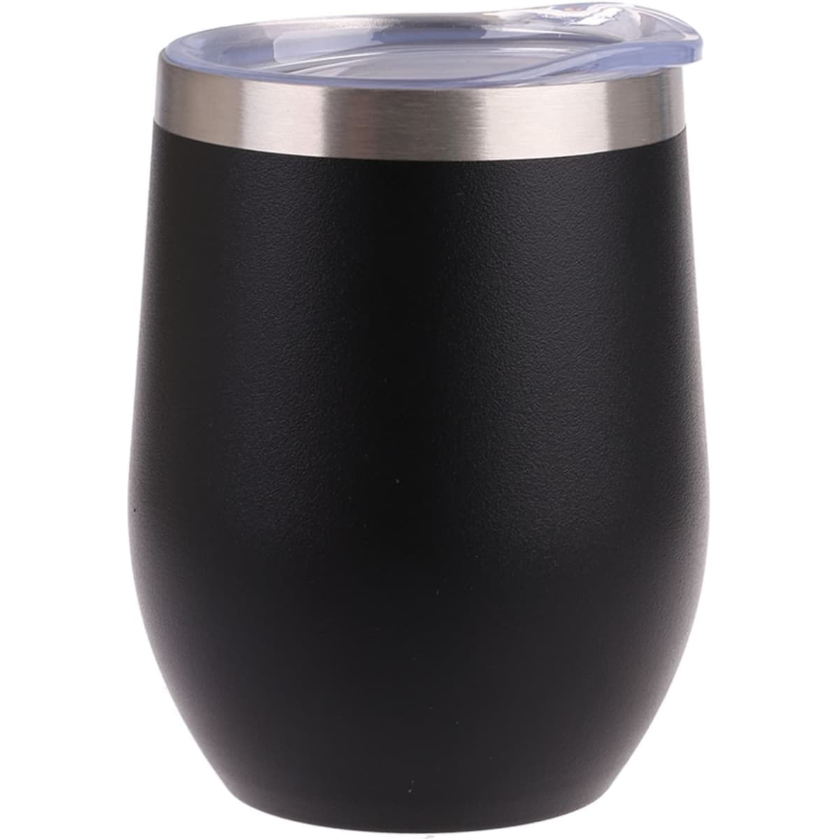 A drink tumbler in matte black with a stainless steel rim and a clear lid, featuring a logo.