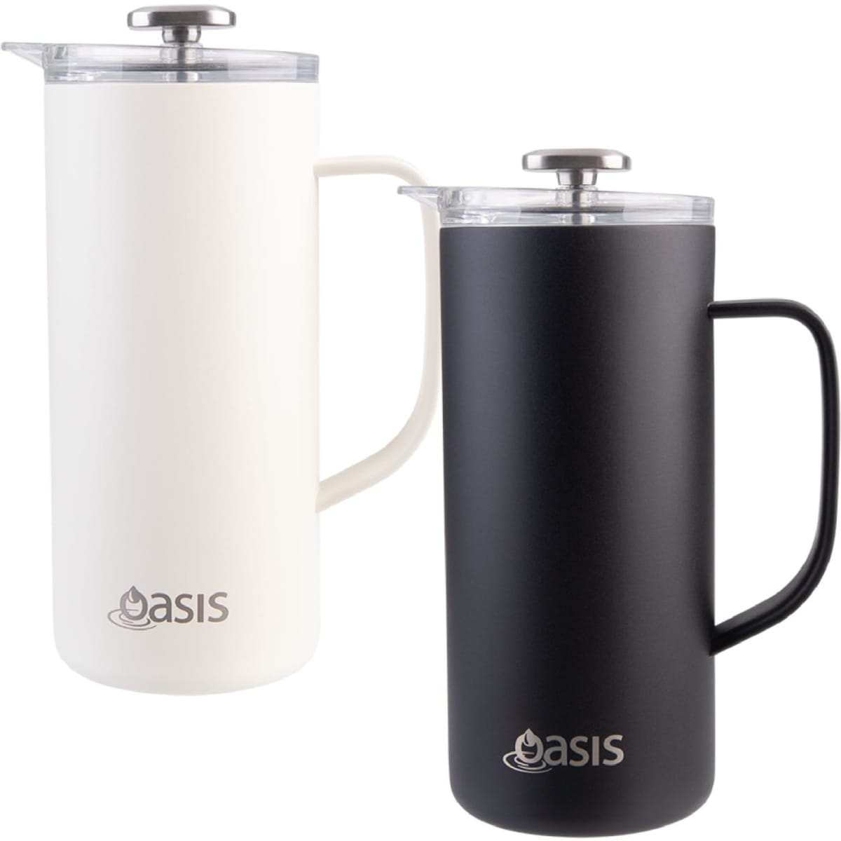 A drink bottle with a white and a black insulated coffee press design, featuring a lid and handle. It has a logo.