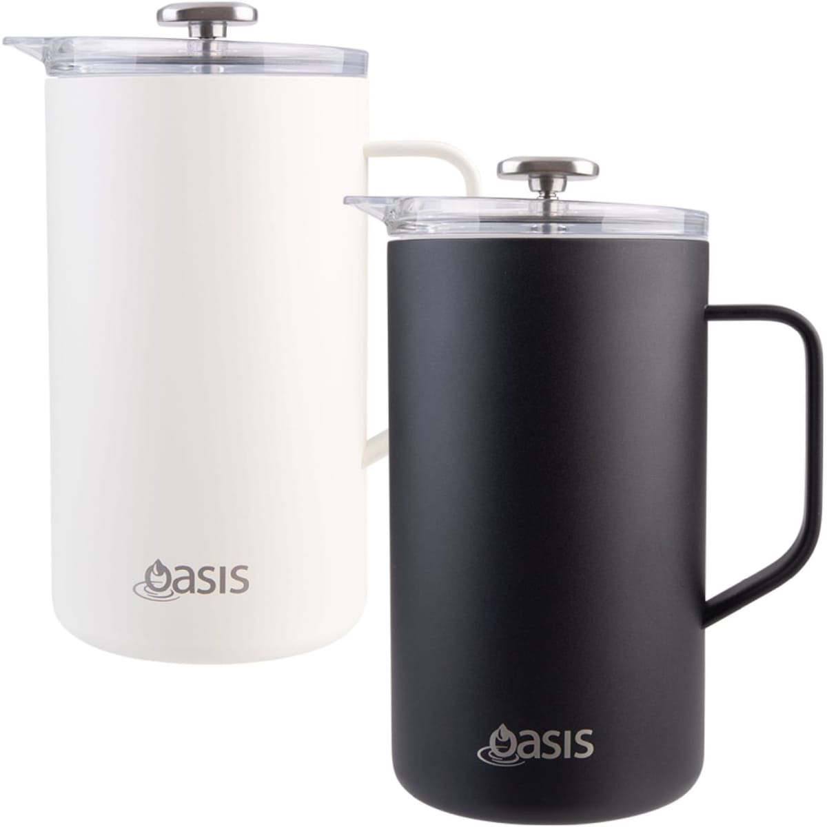 Two insulated coffee presses, one in white and one in black, both featuring a handle and a lid, with a logo.