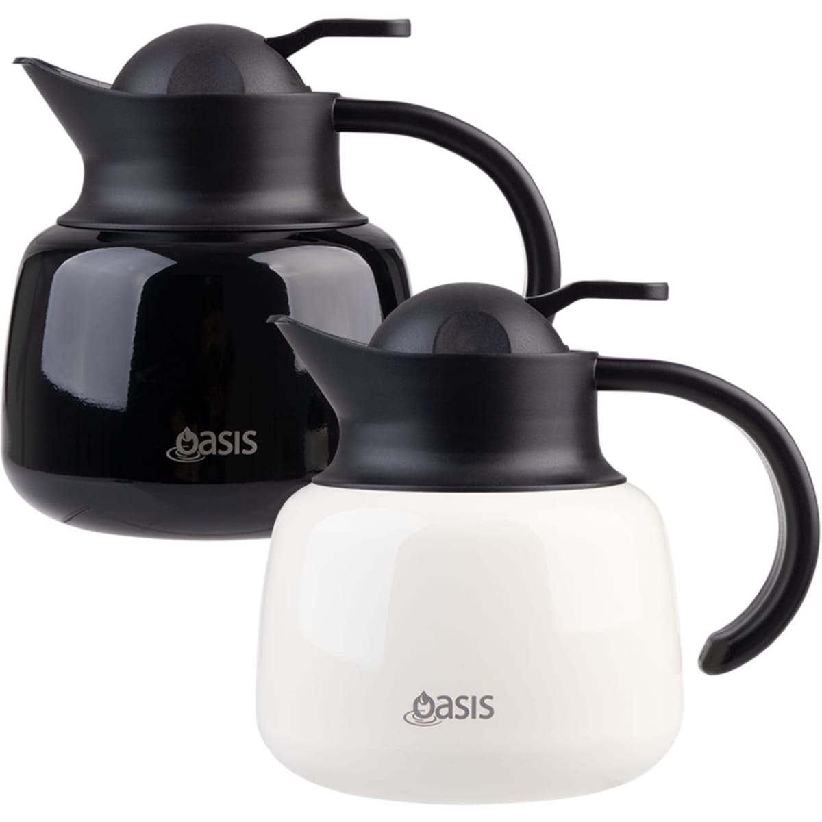 A drink bottle set featuring a black and a white insulated teapot with strainers, both with a handle and logo.