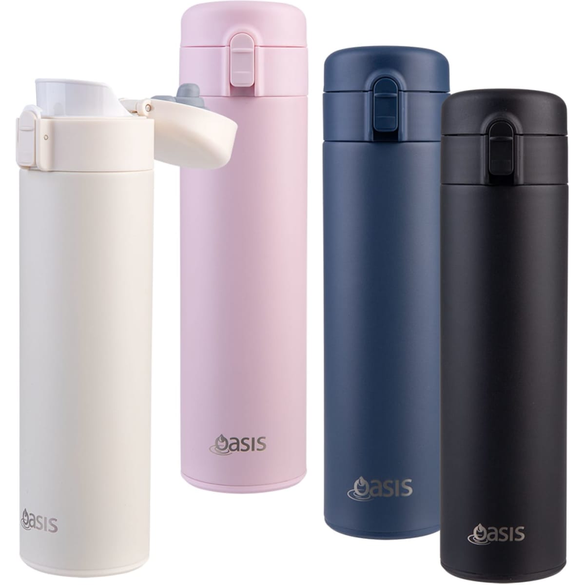 A drink bottle set featuring a white, pink, navy, and black insulated flask with flip-top lids and a brand logo.