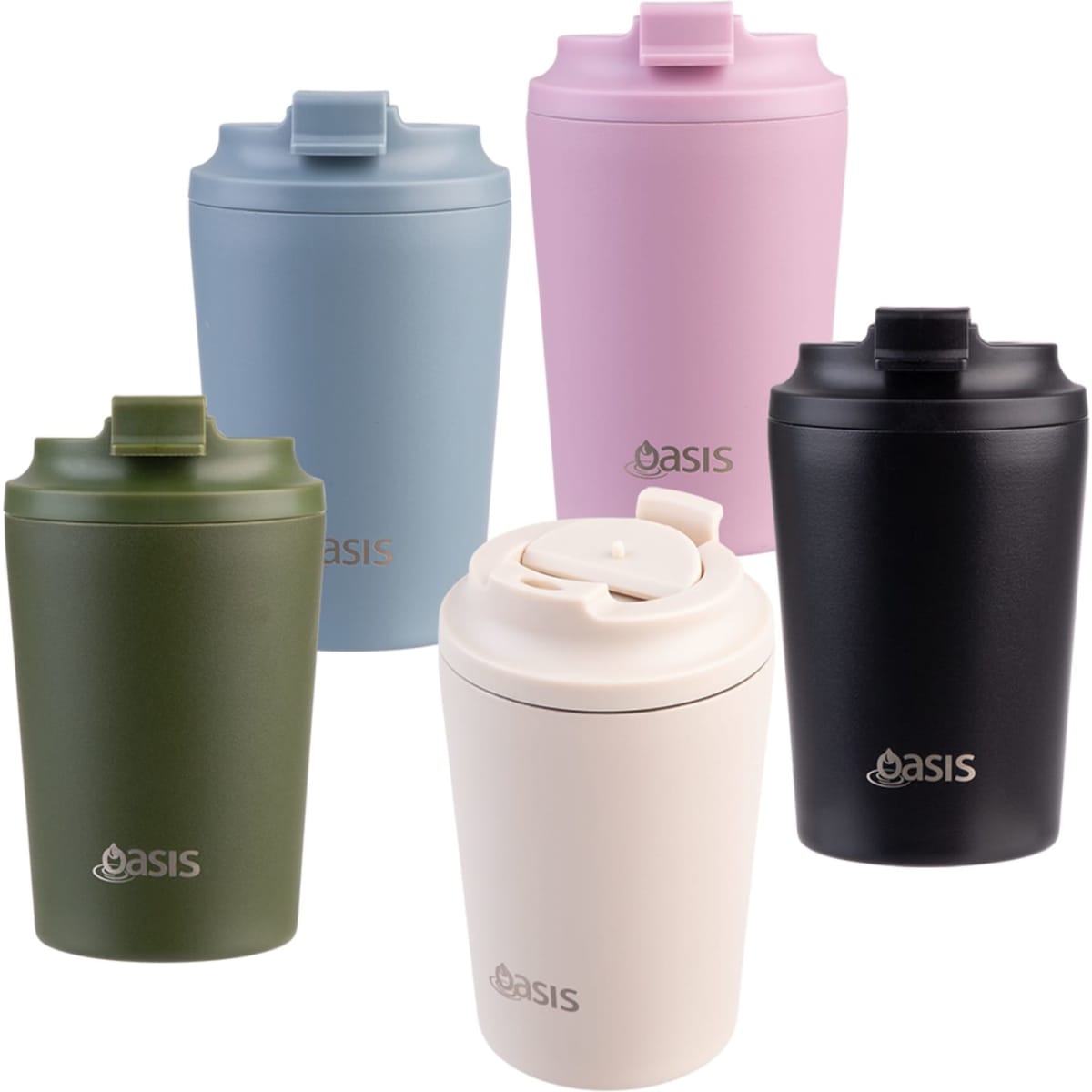 A collection of five insulated coffee cups in various colours: pink, blue, green, black, and cream, featuring a logo.