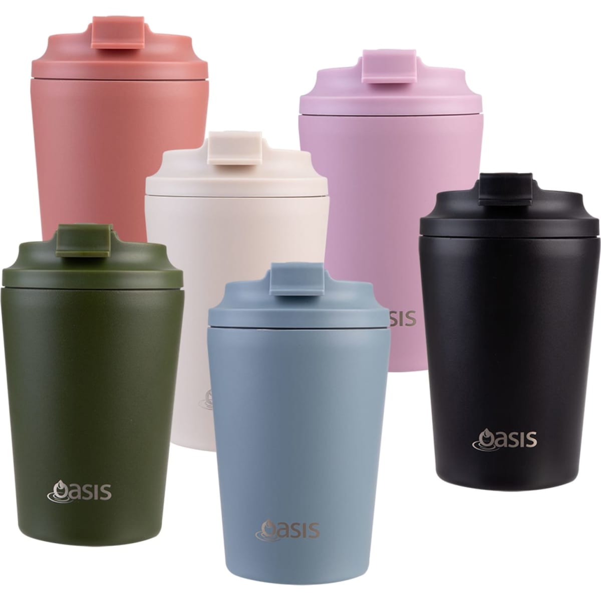 A drink bottle collection featuring six insulated coffee cups in pink, black, white, blue, green, and terracotta, each with a lid and branding.
