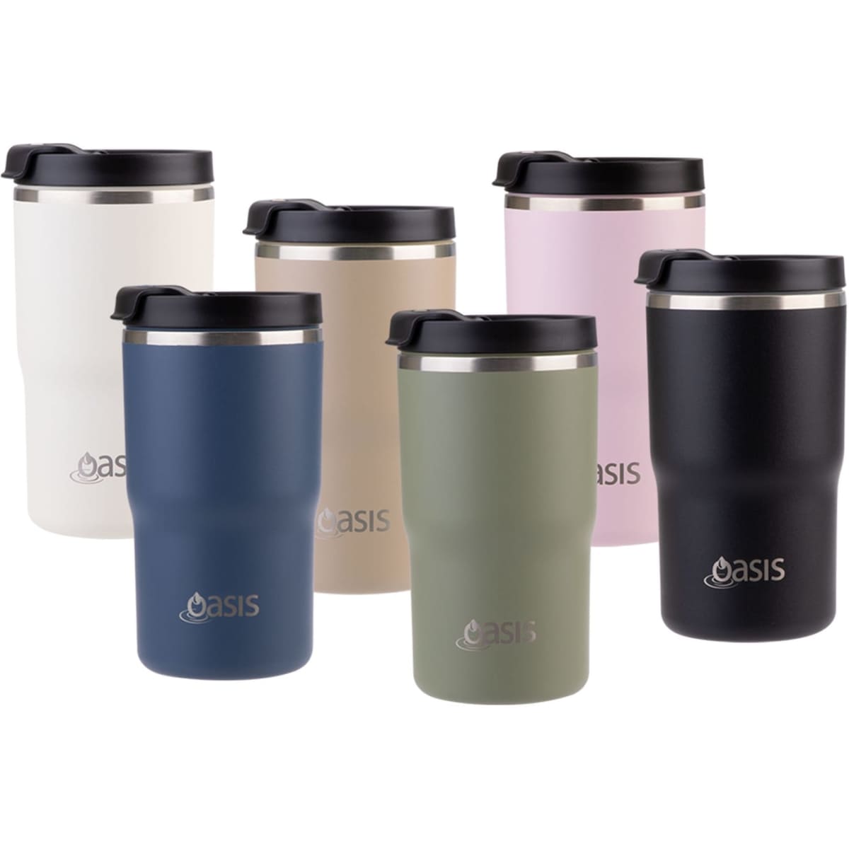 A drink bottle collection featuring six Oasis 480ml vacuum travel mugs in cream, beige, navy, olive, pink, and black.