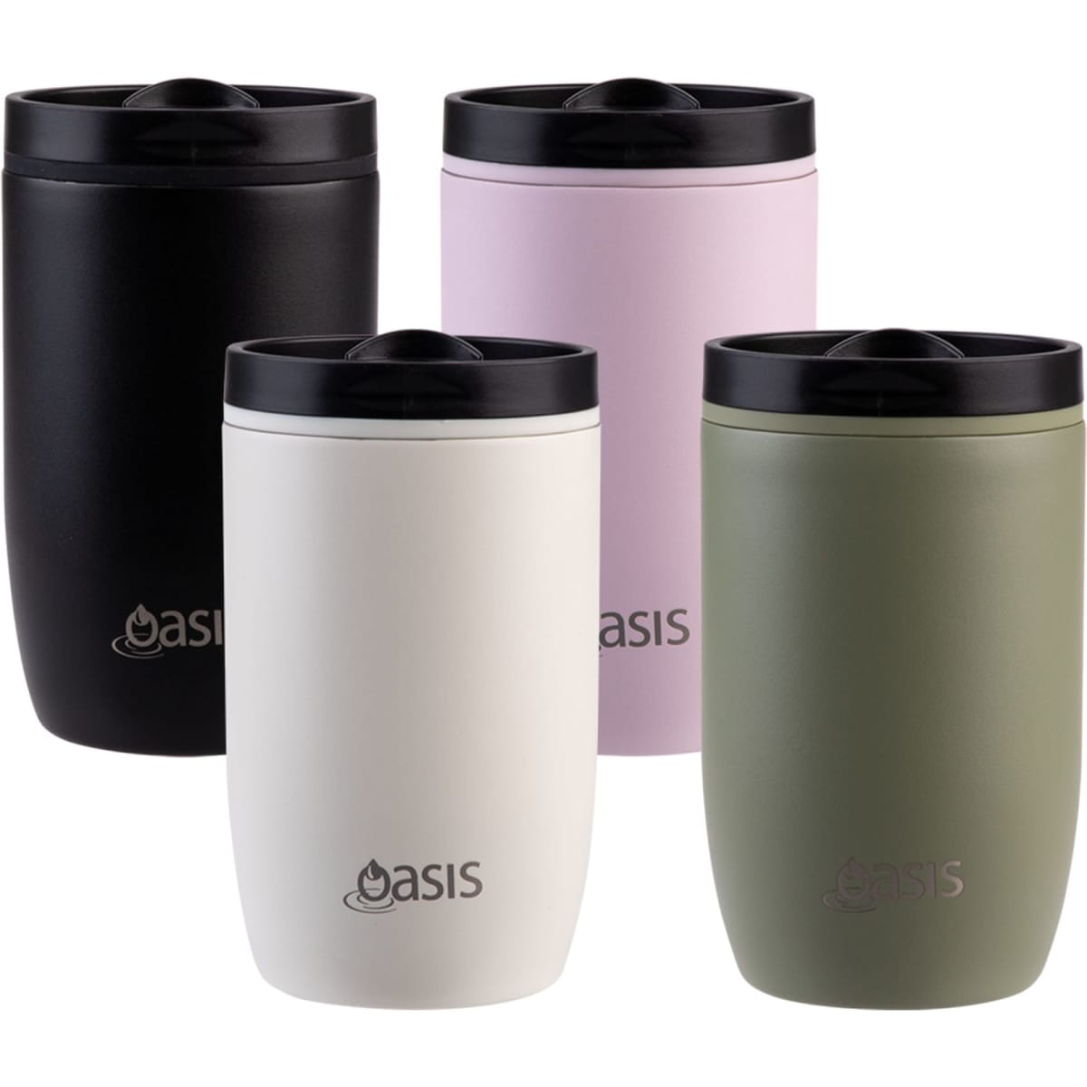 A drink bottle set featuring four insulated travel cups in black, pale pink, white, and olive green, each with a logo.
