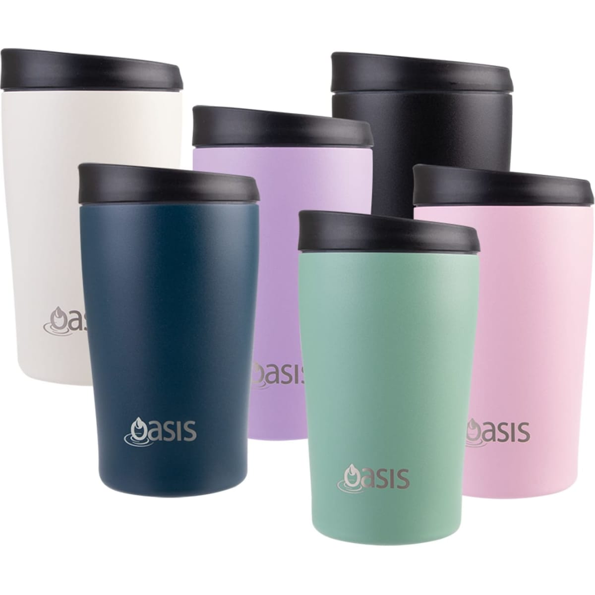 A drink bottle collection featuring six vacuum travel mugs in various colours: white, black, navy, purple, pink, and green.