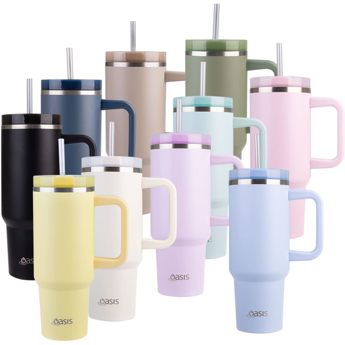 A drink bottle collection featuring various colours, including black, beige, green, pink, and blue, with straws and handles.
