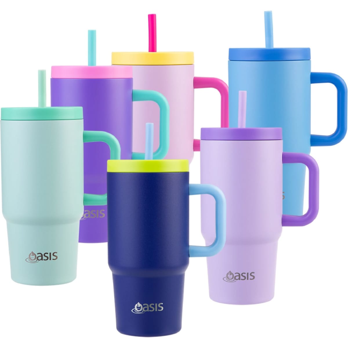 A drink bottle collection featuring various colours including blue, purple, pink, and green, with straws and handles.
