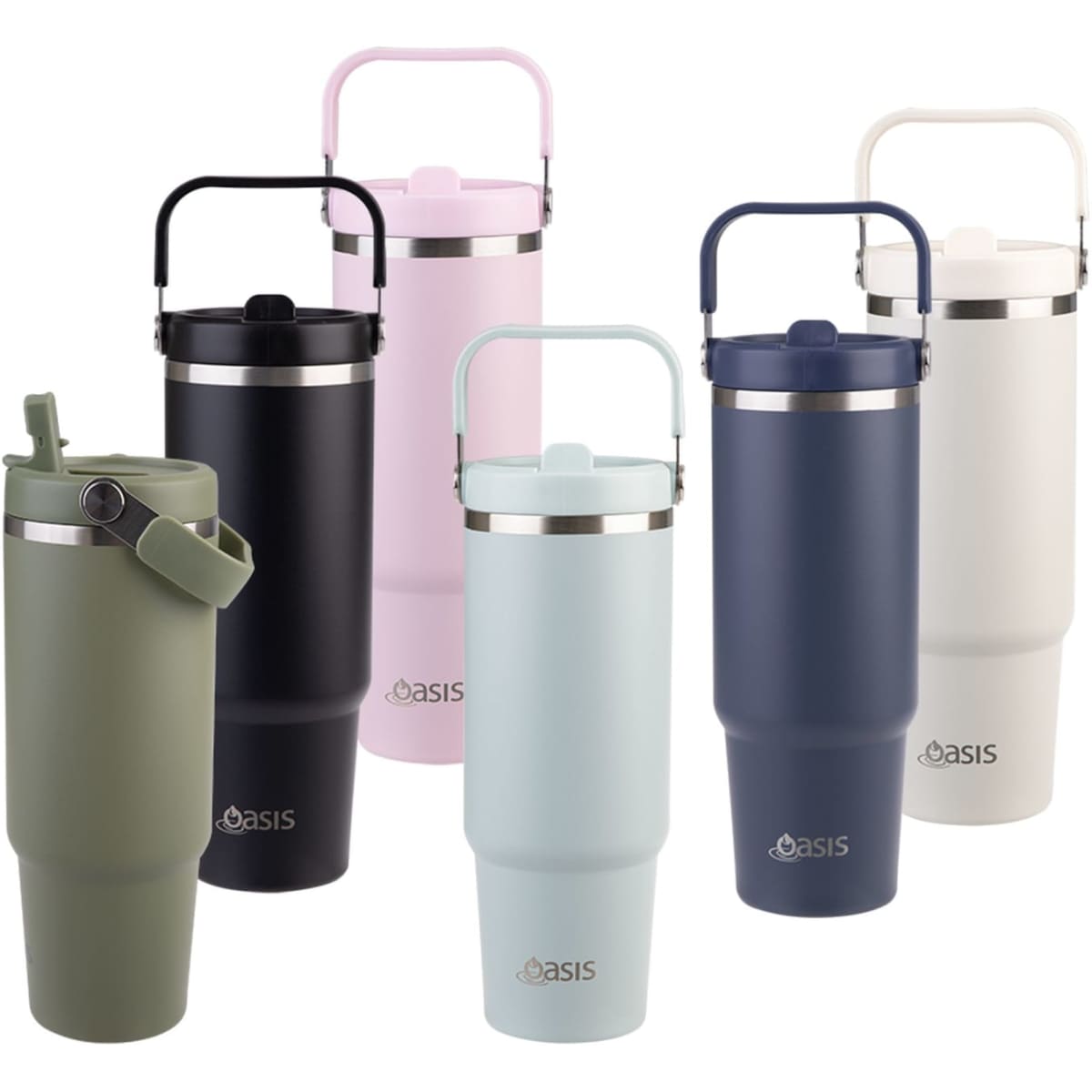 A drink bottle collection featuring six vacuum carry tumblers in green, pink, navy, white, and light blue, with a logo.