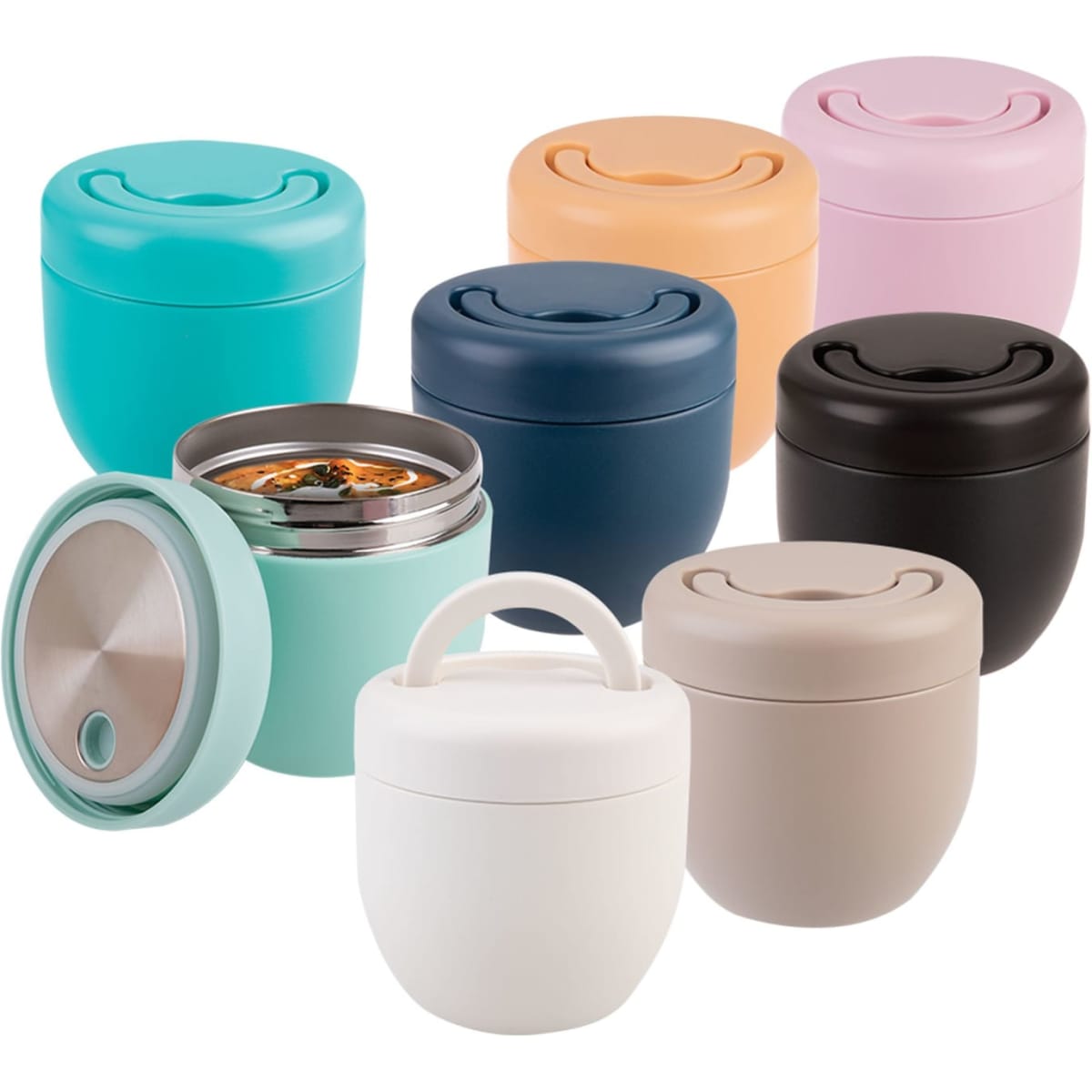A drink bottle assortment featuring various colours, including teal, navy, pastel pink, peach, black, and white, with a stainless steel interior.