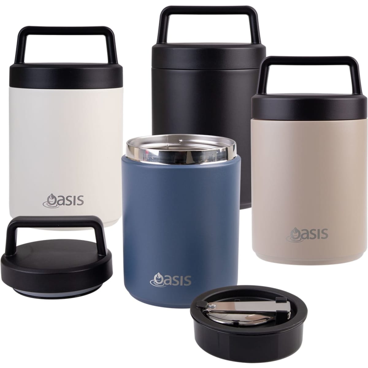 A range of Oasis vacuum food flasks in cream, black, beige, and navy, featuring handles and spoons.