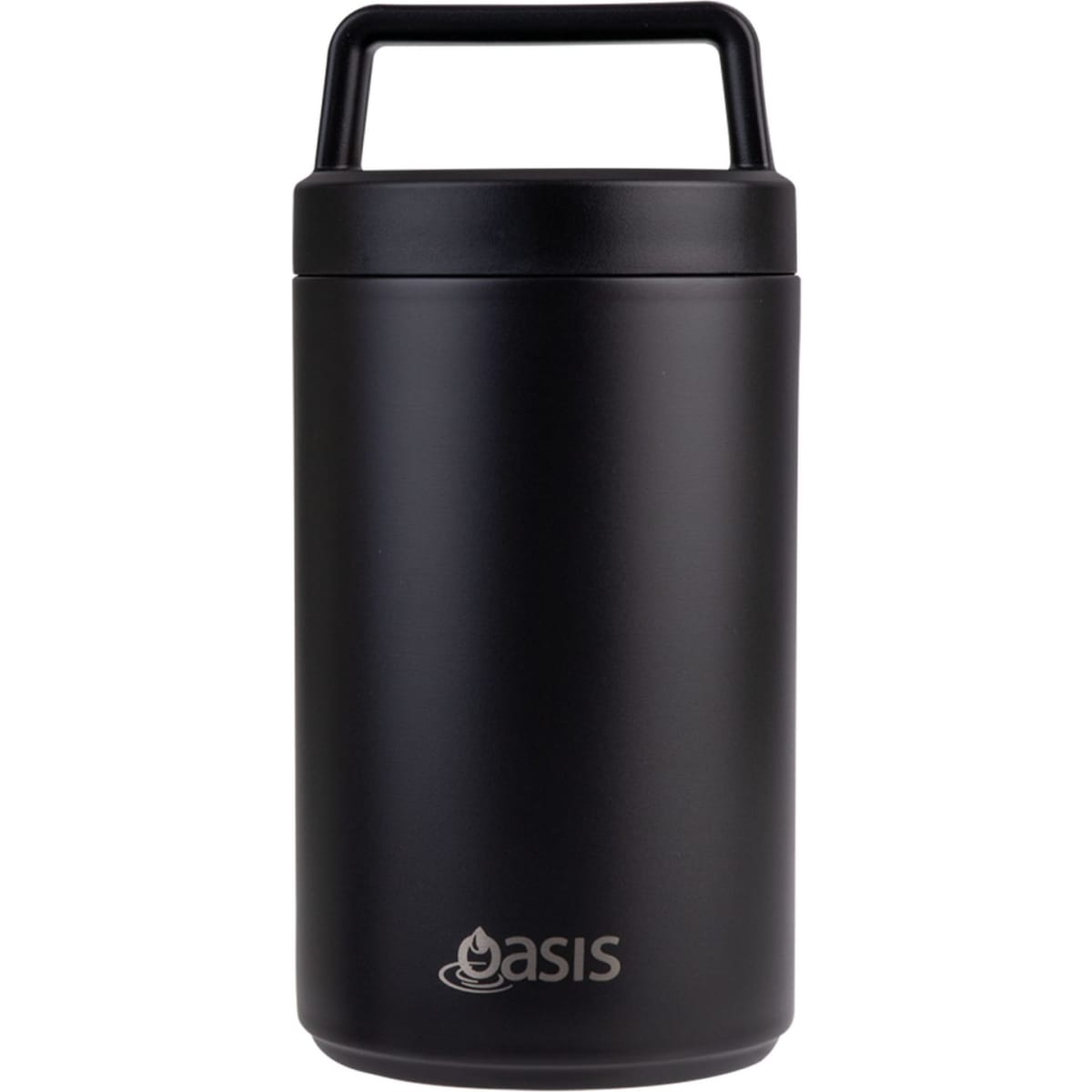 A drink bottle with a sleek black exterior, featuring a handle and an attached spoon. Branding is present.