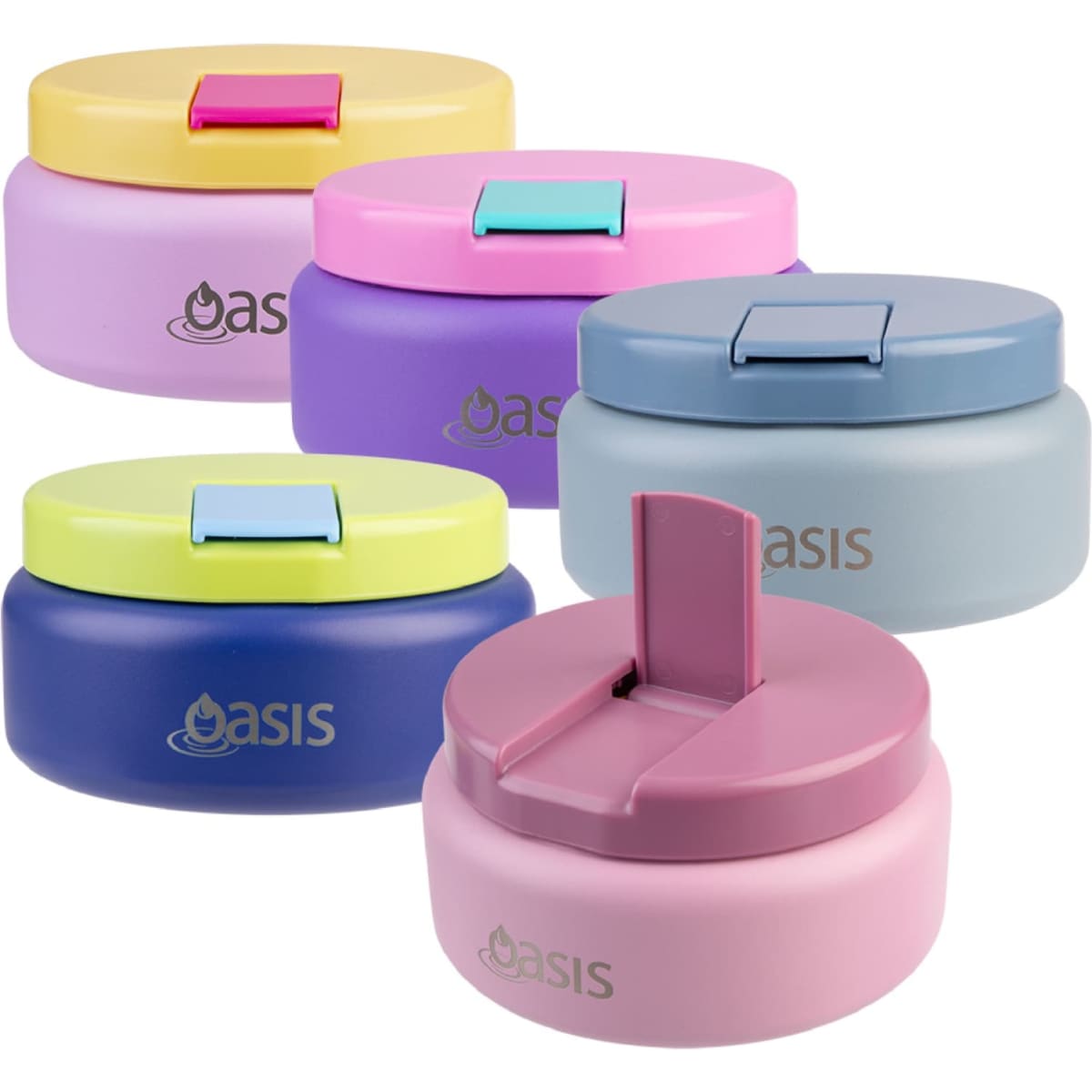 A range of Oasis insulated food flasks in pink, purple, blue, and pastel colours, featuring a logo on each.