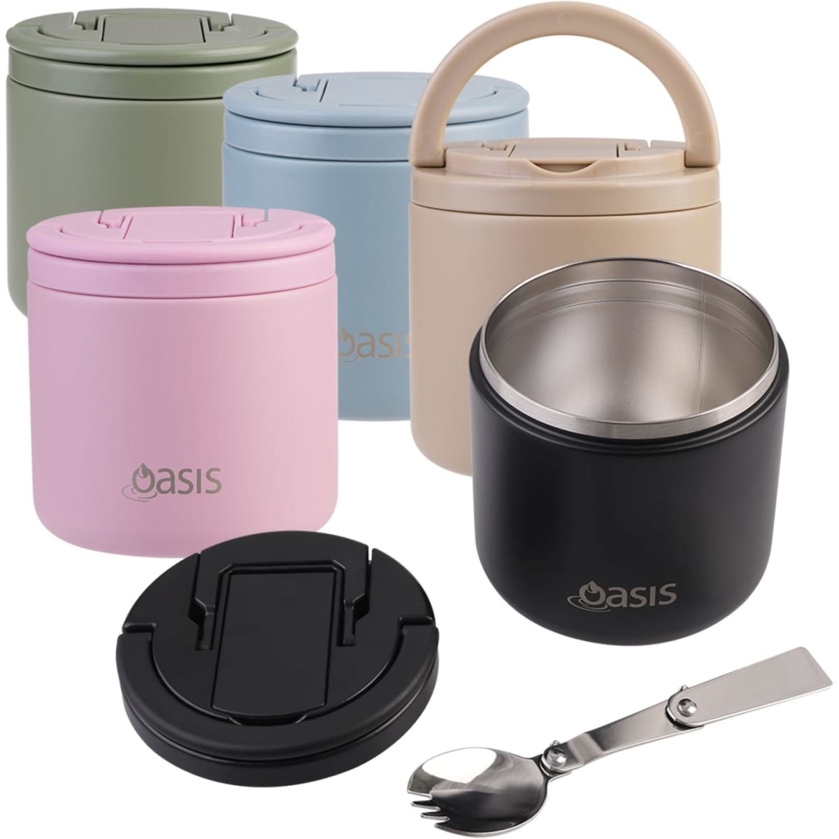 A drink bottle collection featuring various colours, including pink, black, green, blue, and beige, with a spork included.