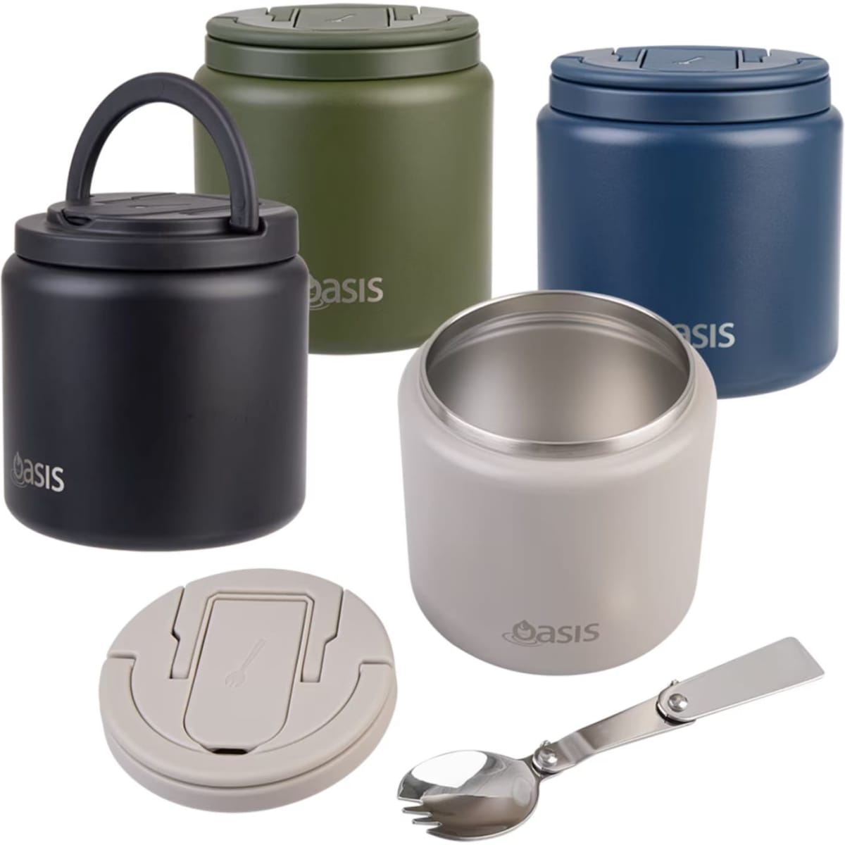 A drink bottle and food flask in various colours: black, olive green, navy blue, and beige, with a lid and spork included.
