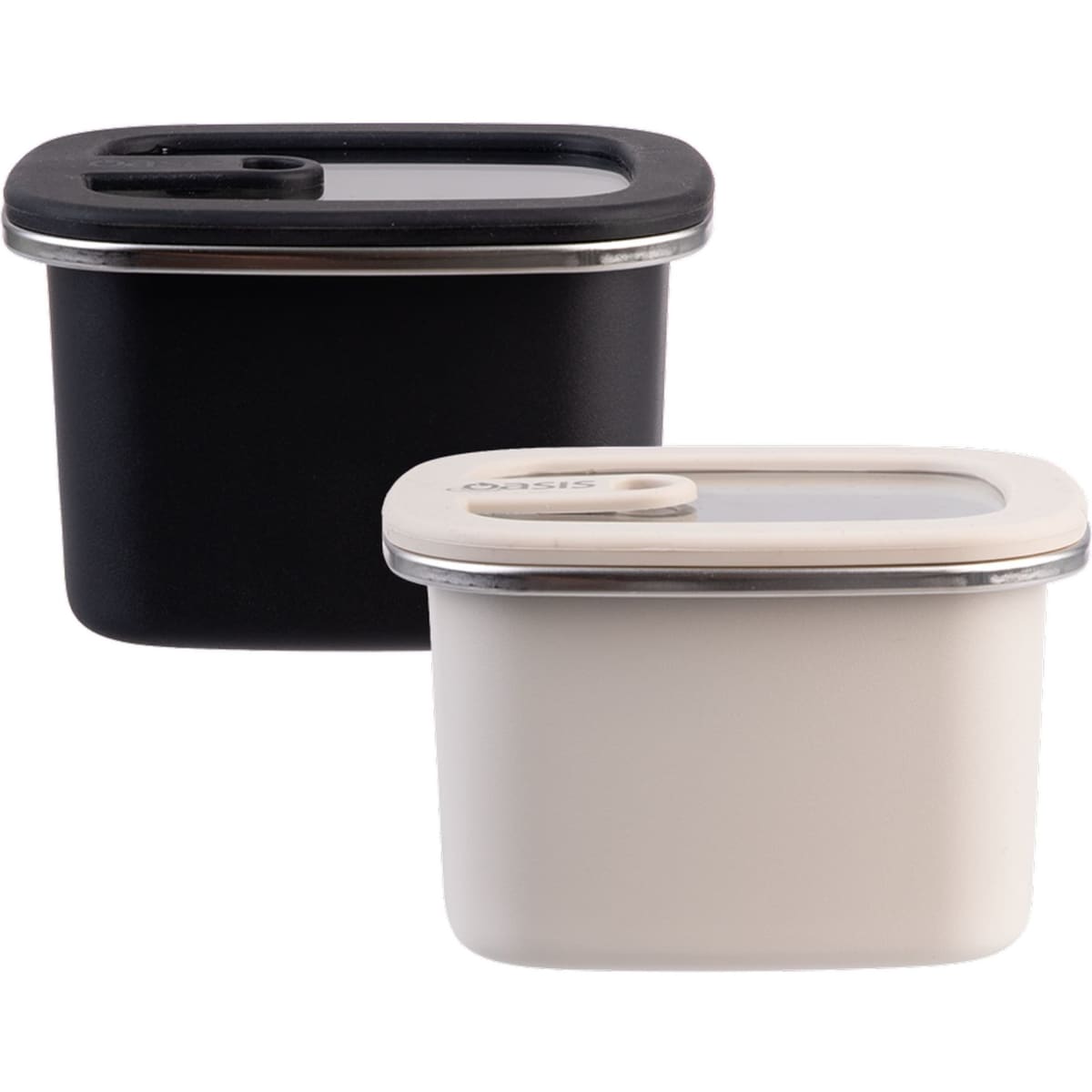 Rectangular stainless steel containers in black and cream, featuring transparent lids and a sleek design.