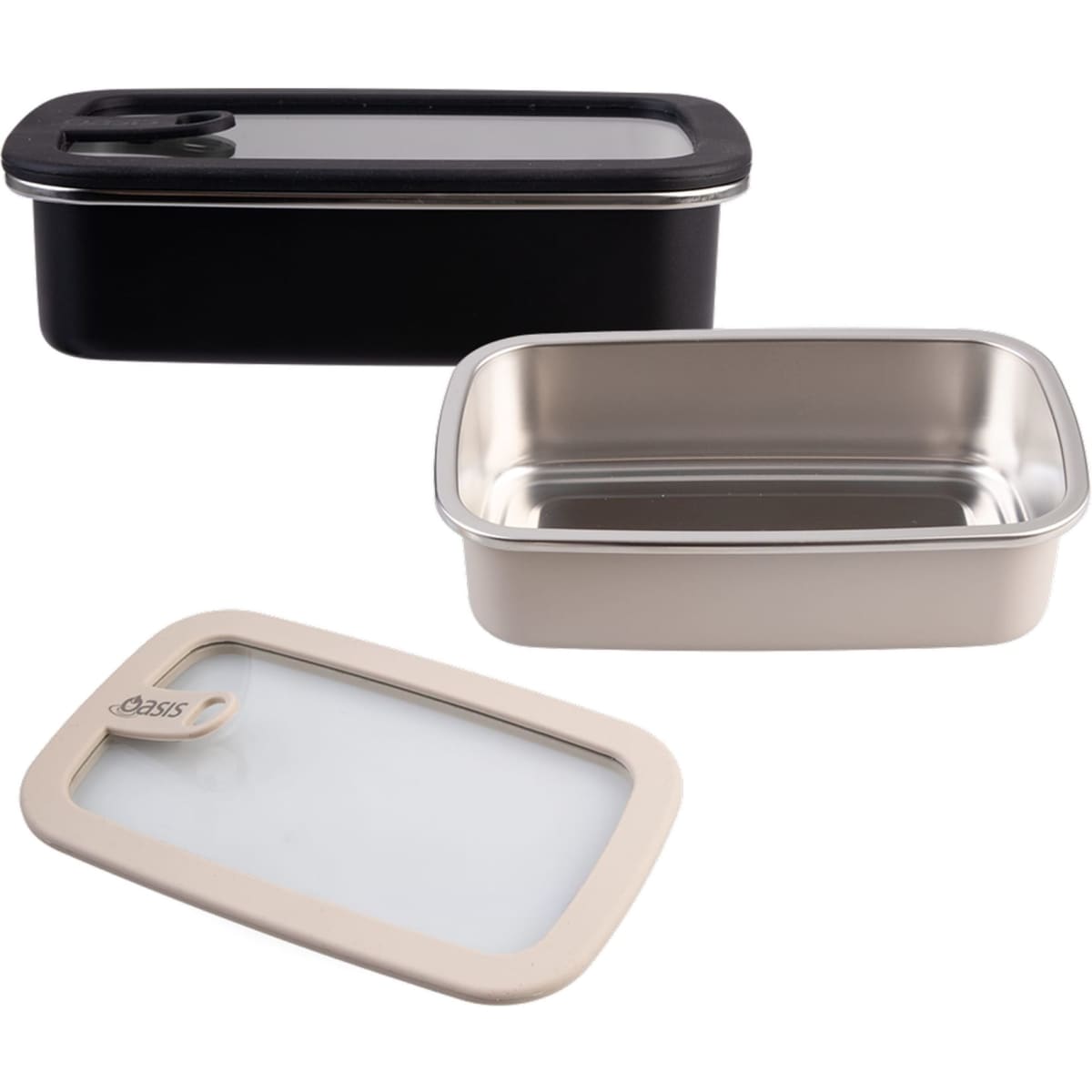 A rectangular stainless steel container in silver with a black lid, accompanied by a beige-lidded container.