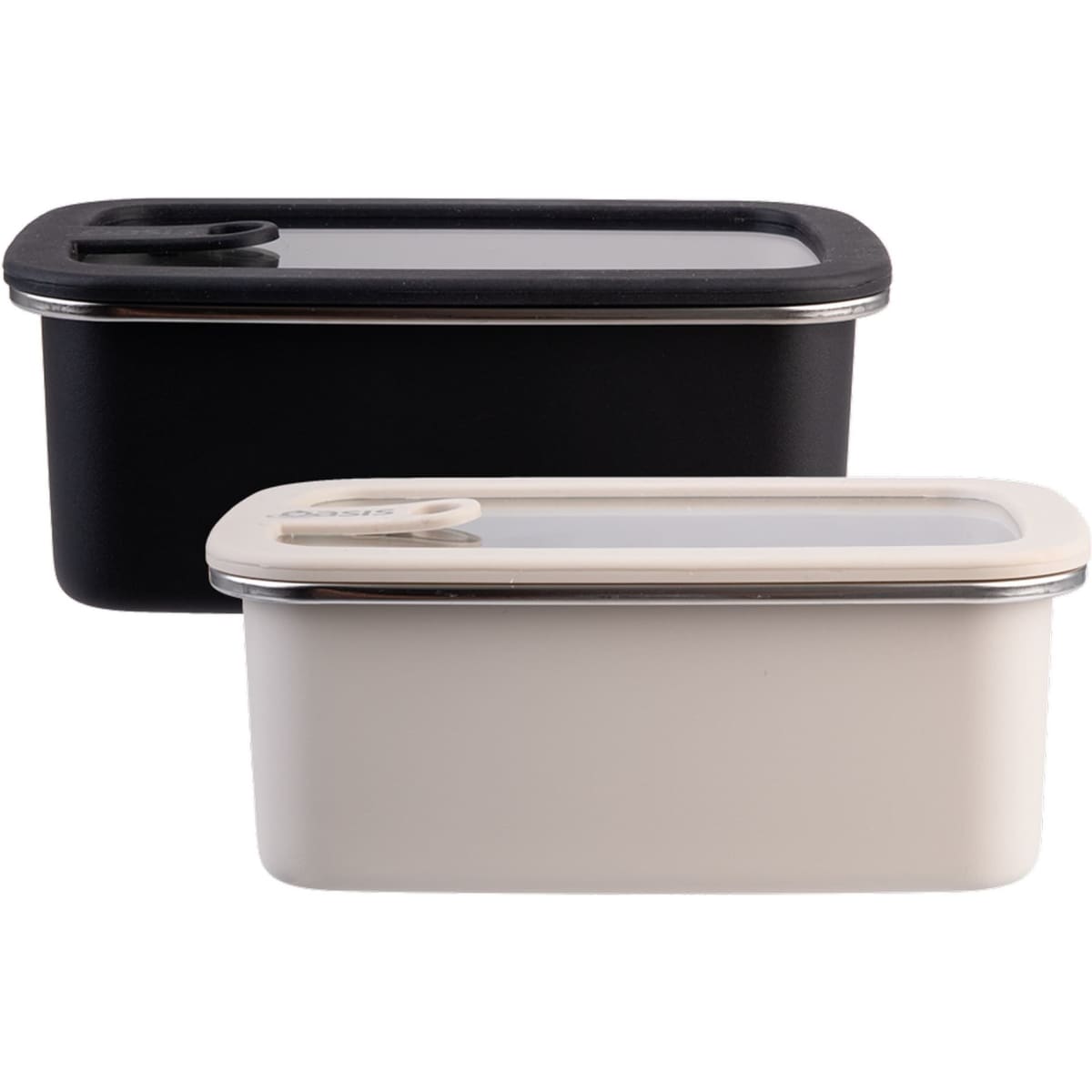A set of two rectangular stainless steel containers, one black and one cream, with clear lids and a brand logo.