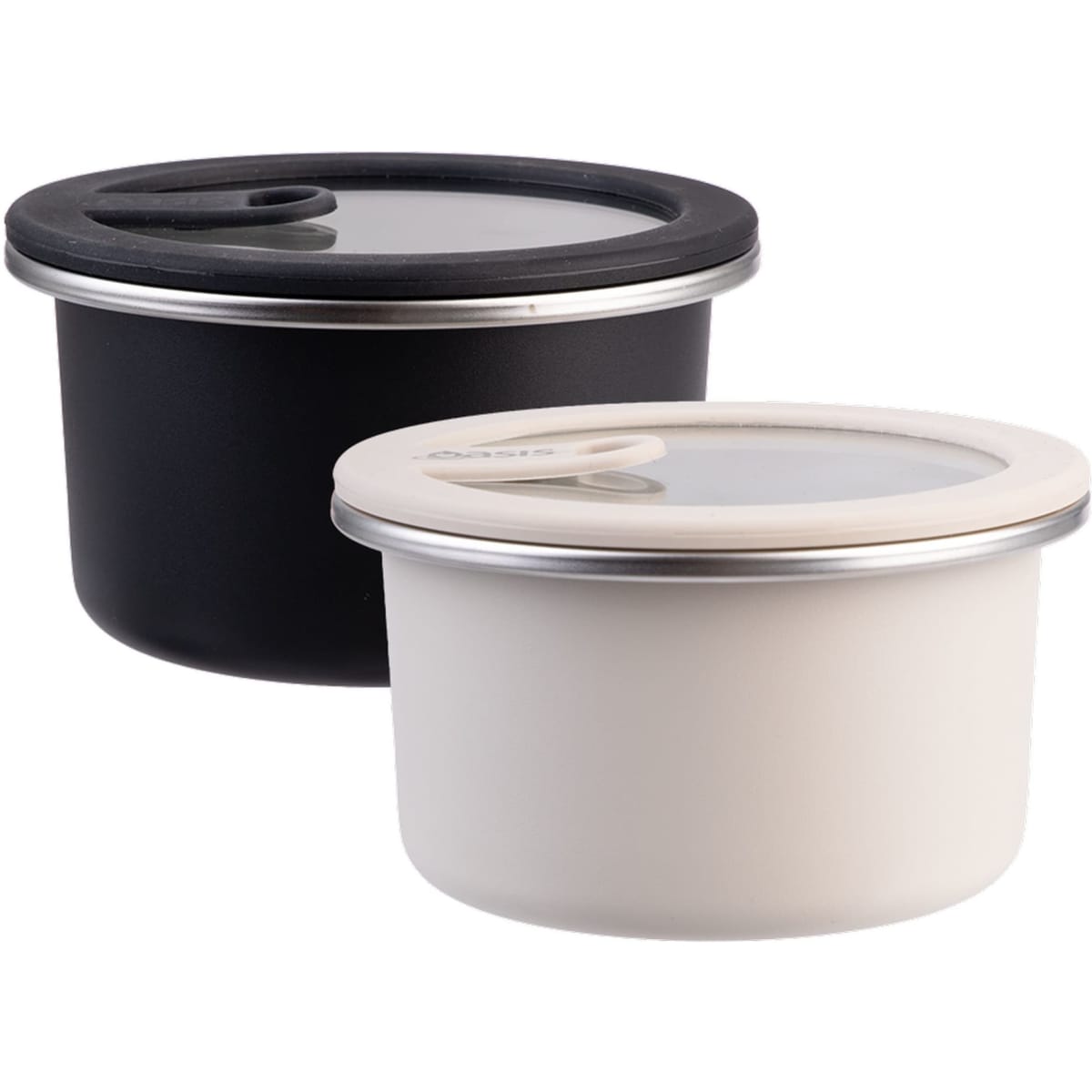 A round microwave-safe stainless steel container set in black and white, each with a transparent lid and a branding logo.