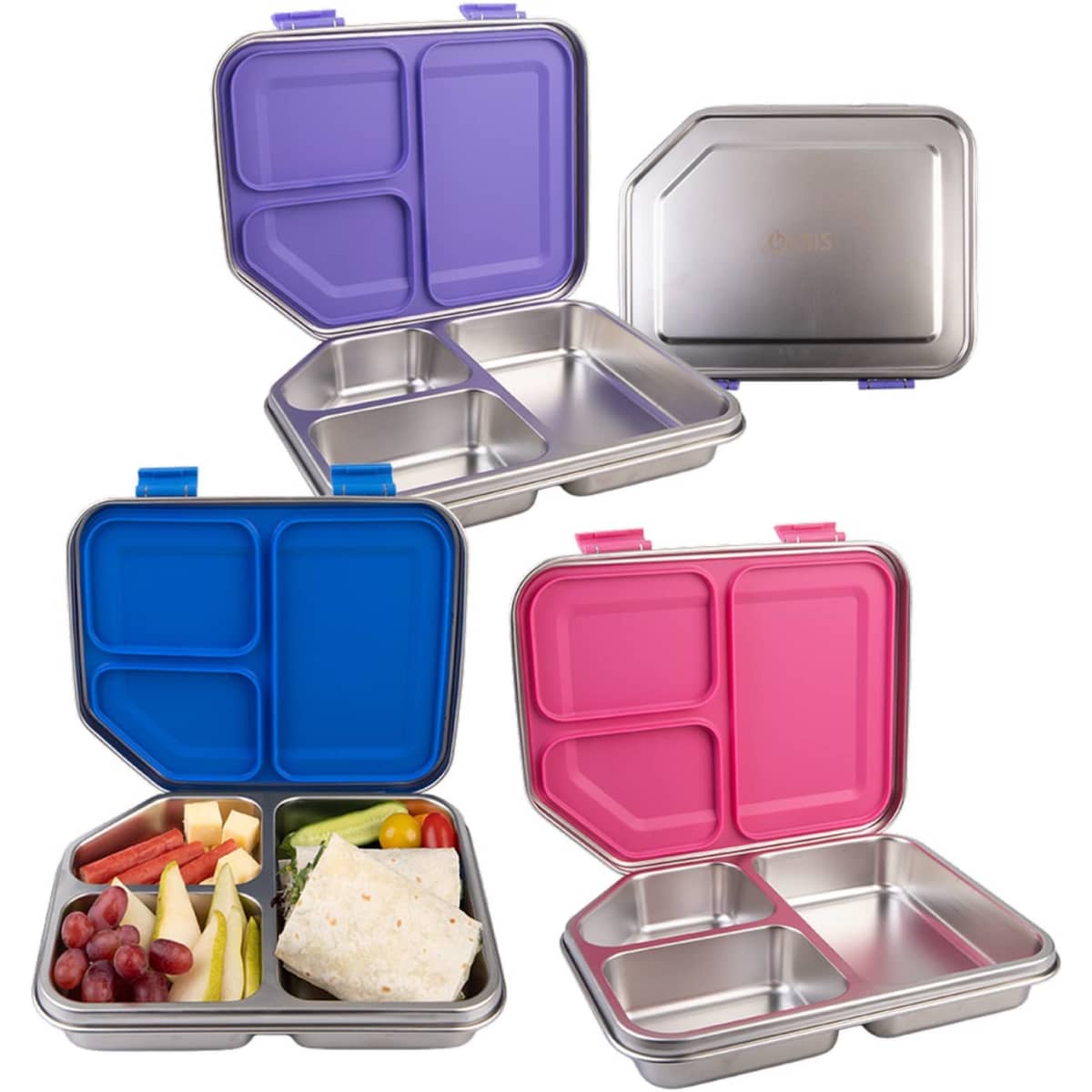 A Bento lunch box set featuring three compartments in pink, blue, and purple. The boxes have metallic interiors and plastic lids.