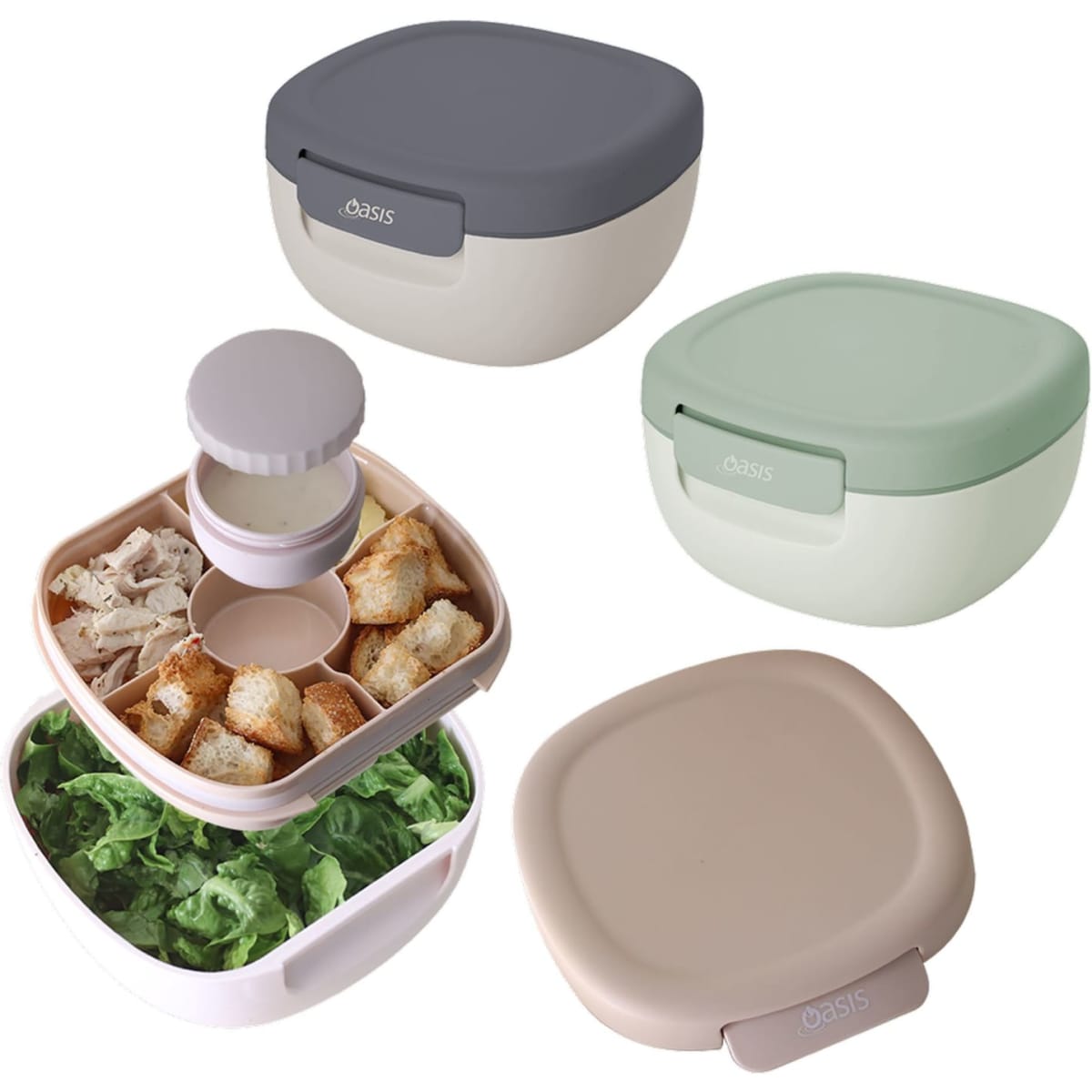 A set of four salad bowls in varying colours, featuring a compartmentalised design and a lid with a logo.