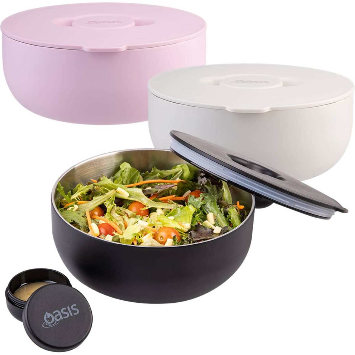 A set of three insulated lunch bowls in pink, white, and black, featuring lids and a logo.