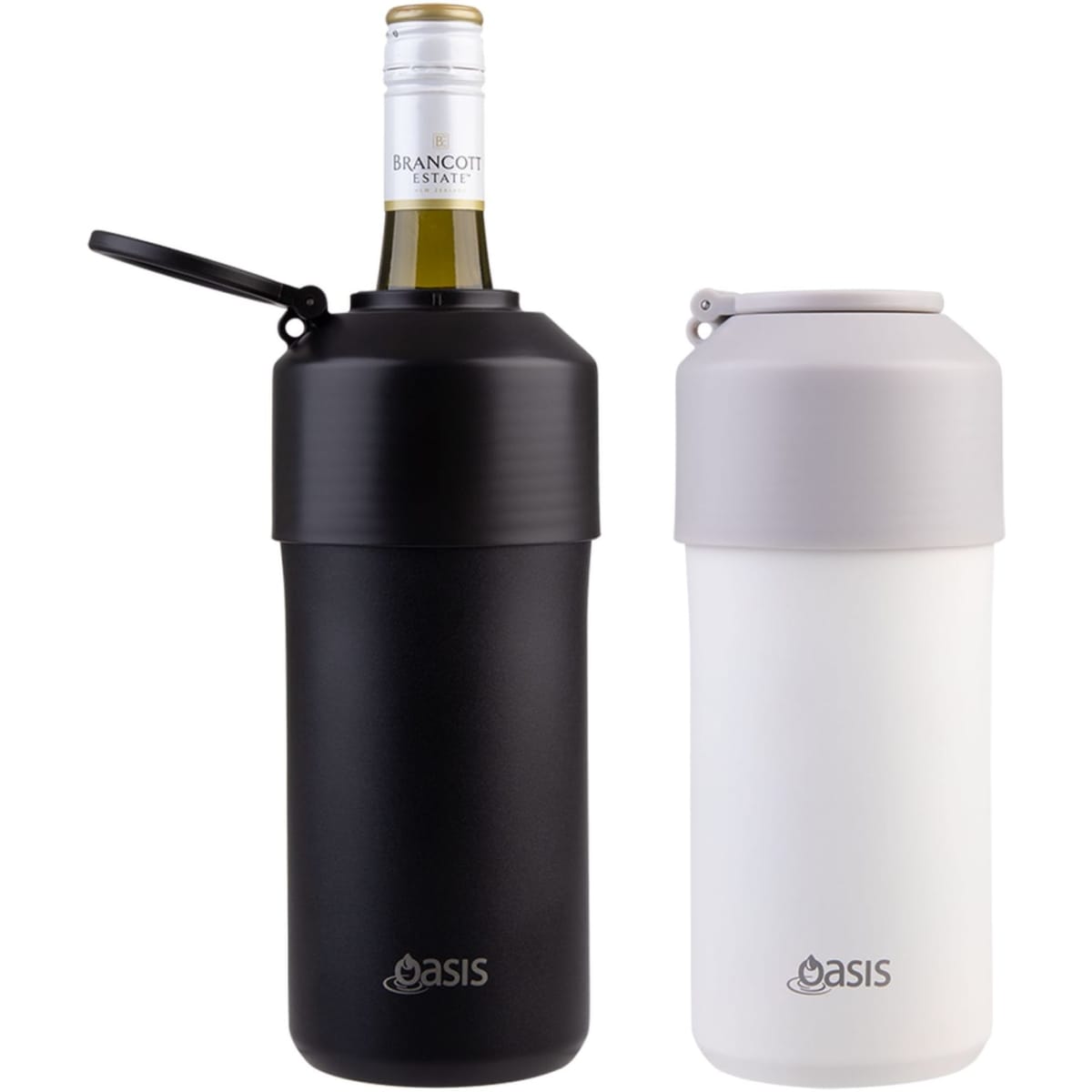 A drink bottle in black and white with a lid, designed to hold a wine bottle. The product features a logo.