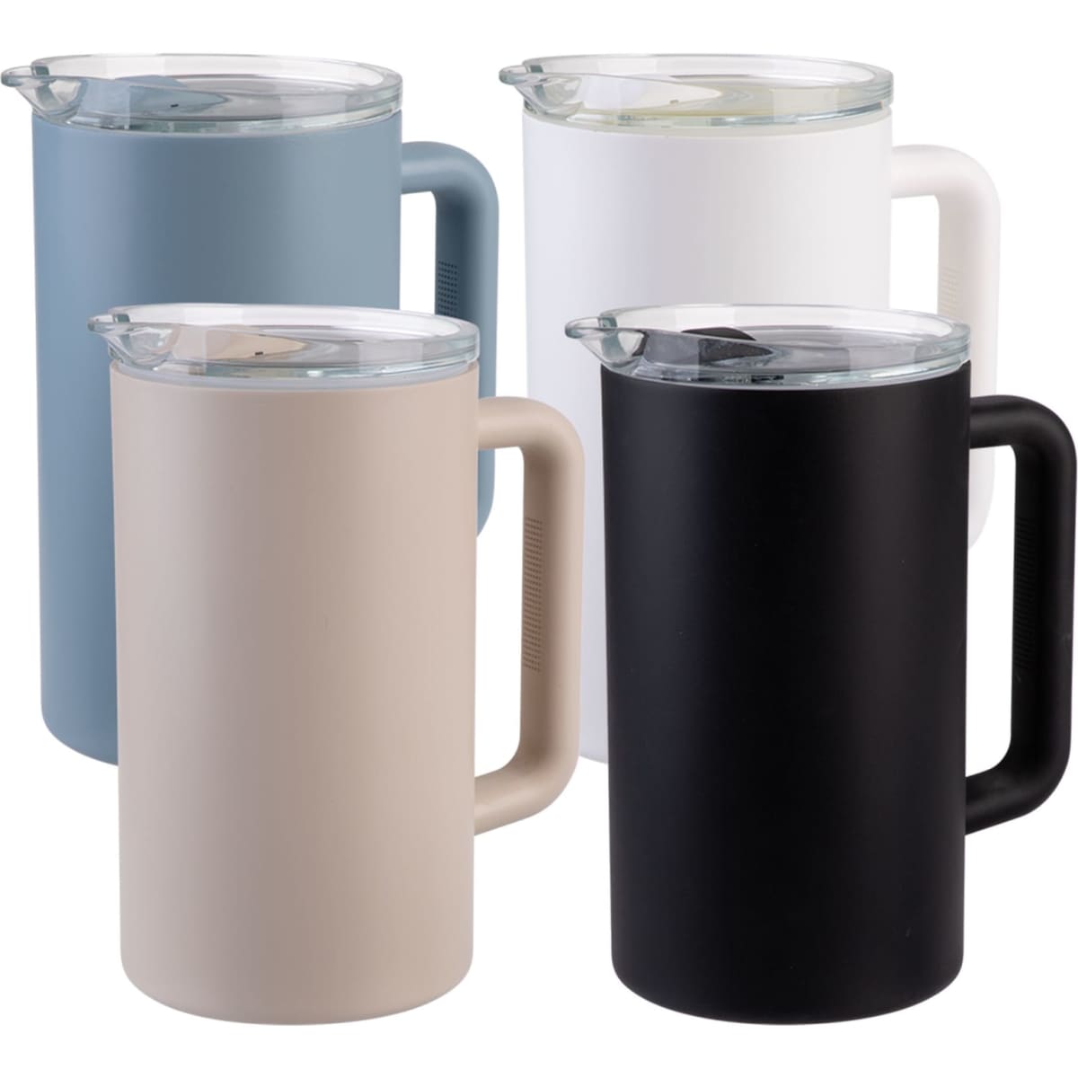 A drink bottle set featuring four ceramic-lined pitchers in white, black, beige, and blue with insulated designs.