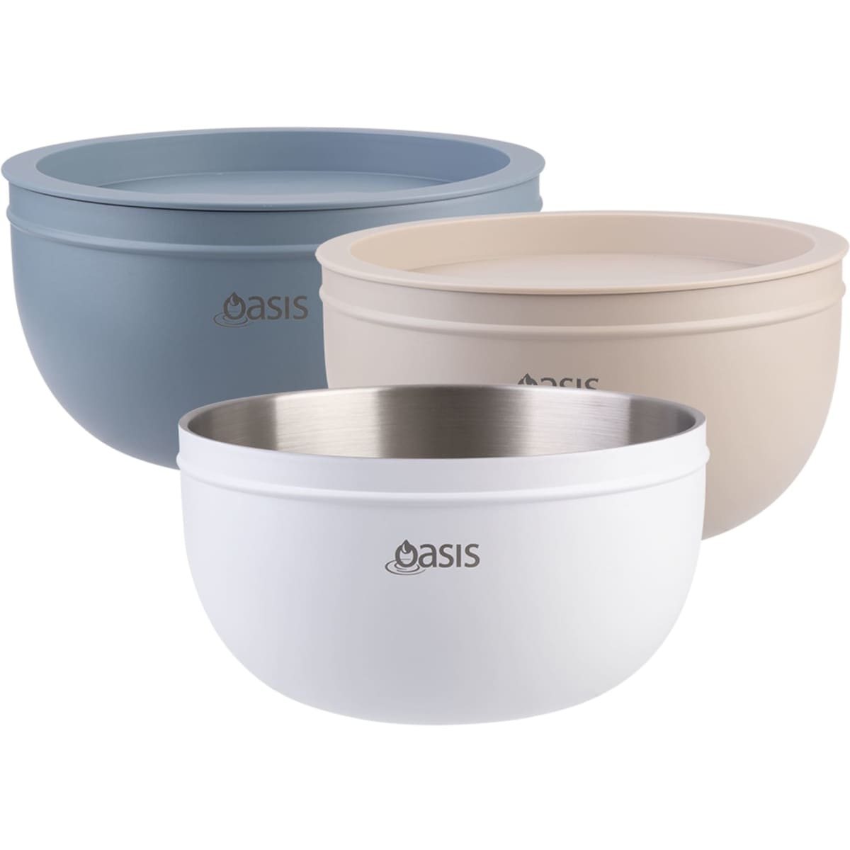 Three salad bowls in blue, beige, and white, featuring double-wall design and logo branding.