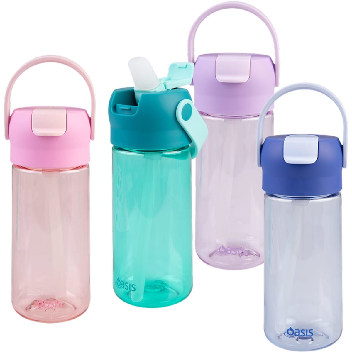A drink bottle set featuring four Tritan bottles in pink, turquoise, purple, and clear, with flip-top lids and handles.