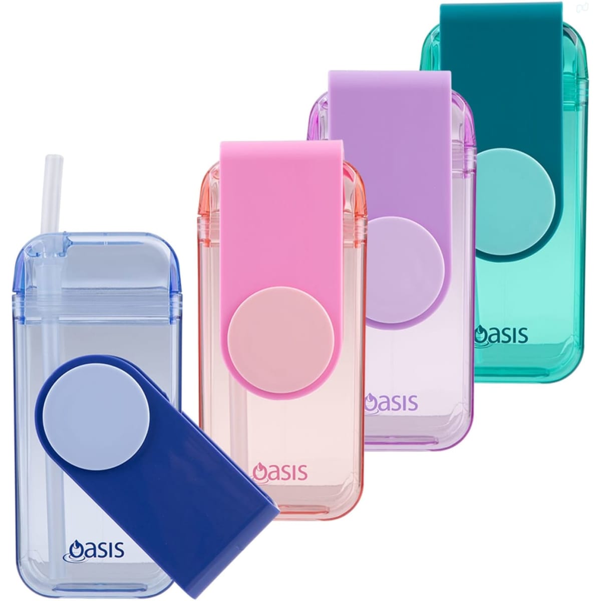 A drink bottle collection featuring four colours: blue, pink, purple, and teal, with a logo on each.