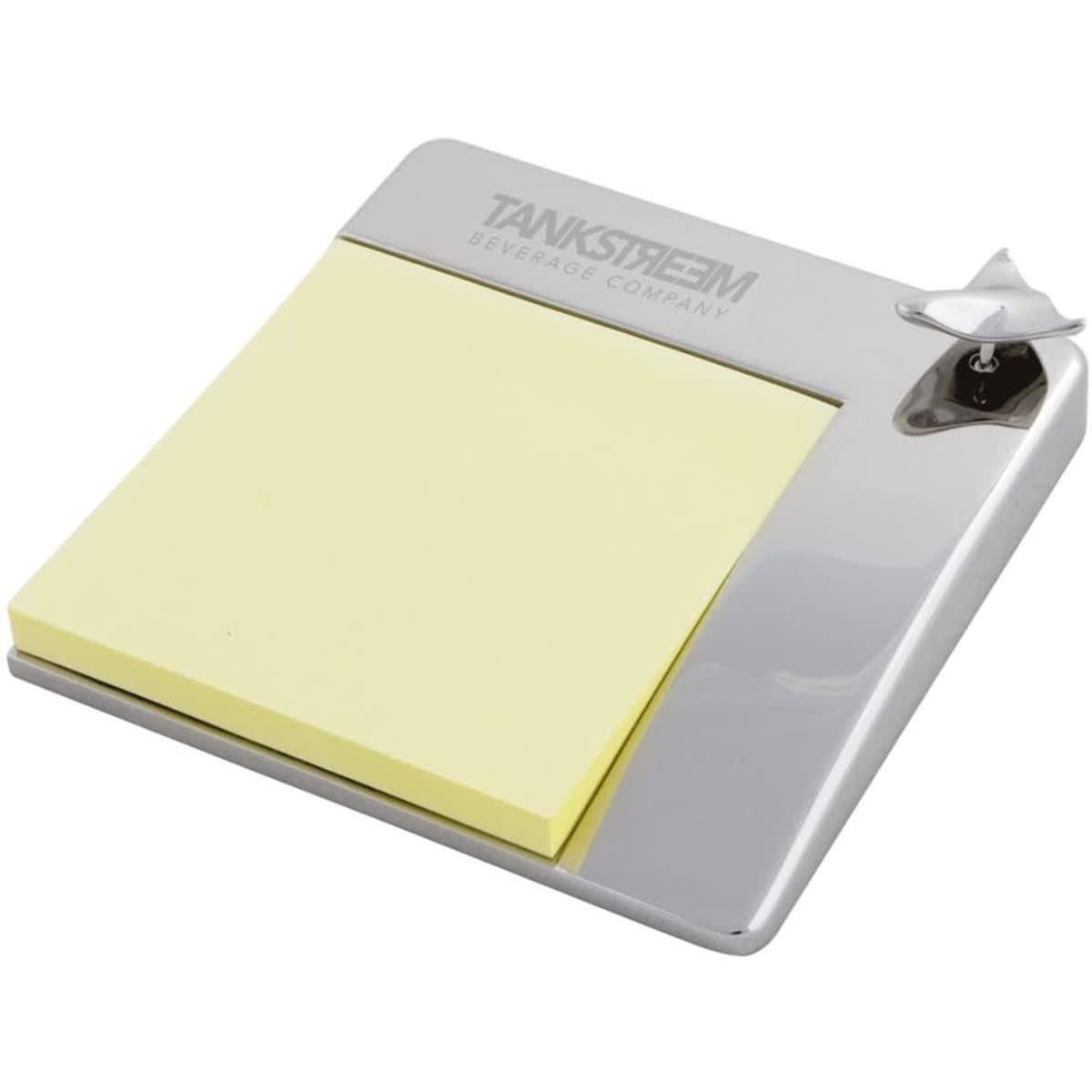 Aero Note Holder with a silver finish and a yellow sticky note pad. Features a branding logo.