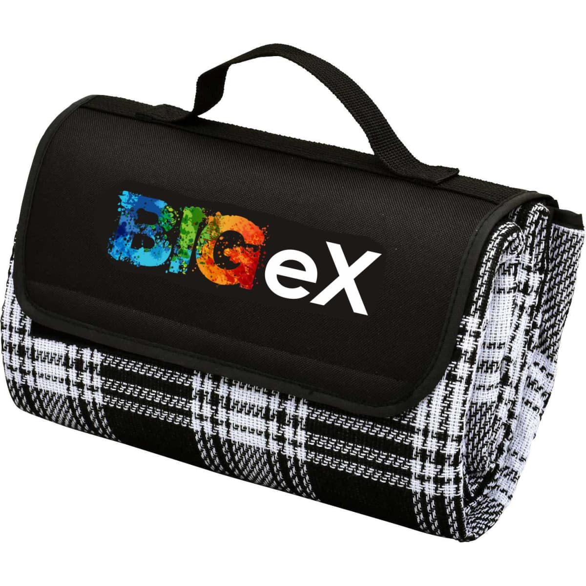 A black and white checkered picnic rug with a handle and a logo on the front.