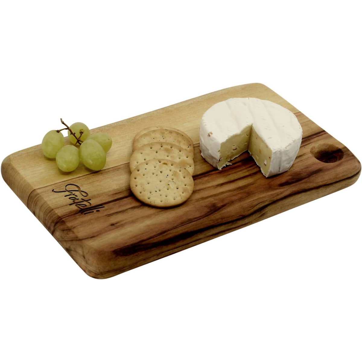 A wooden cheese board with a logo, featuring brie cheese, crackers, and green grapes.