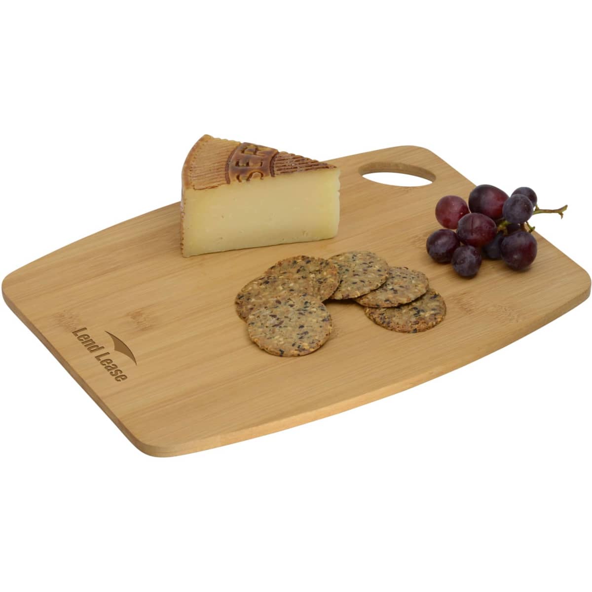 A bamboo cheese board featuring a wedge of cheese, crackers, and a bunch of grapes. It has a branded logo.
