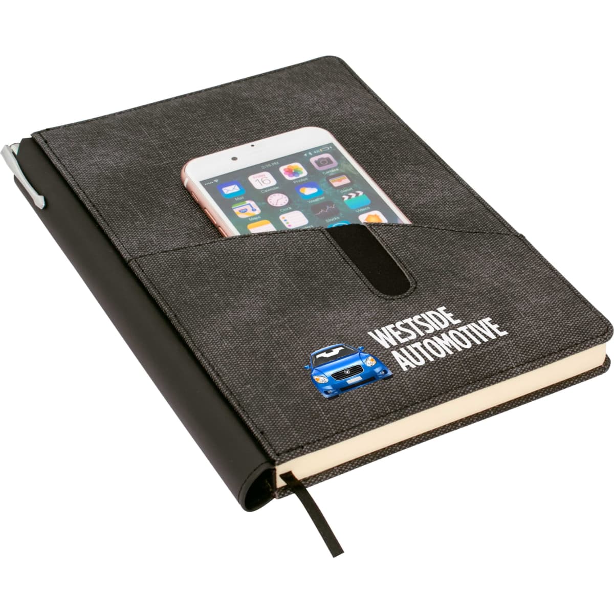A black and grey A5 notebook with a pocket for a phone and a logo on the front.