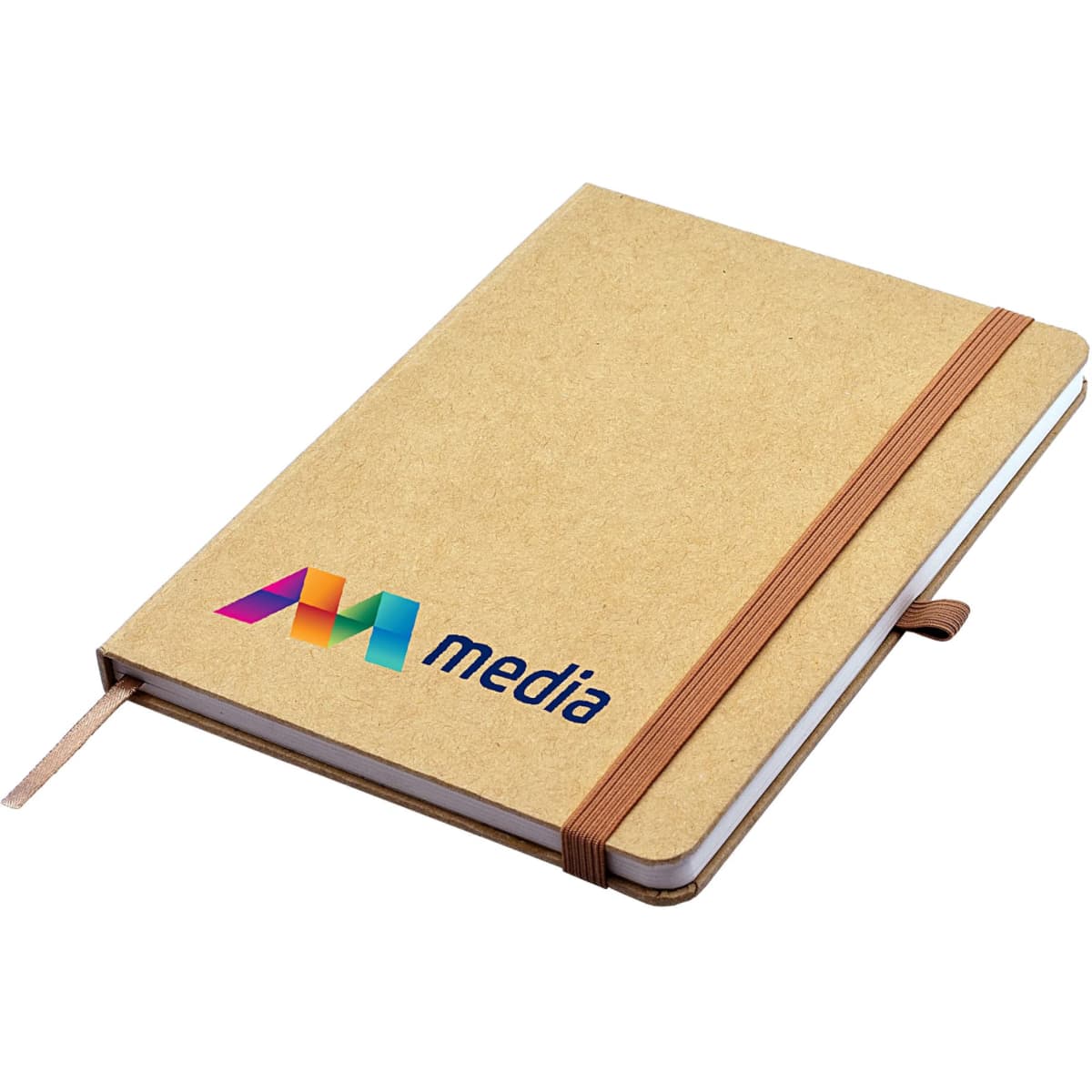 An A5 notebook with a kraft cover, elastic band, and a logo on the front. It has a ribbon marker.