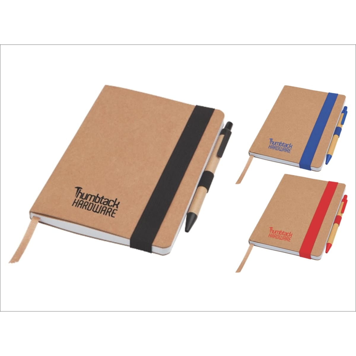 A set of three notepads with kraft covers, featuring black, blue, and red accents, each accompanied by a matching pen.