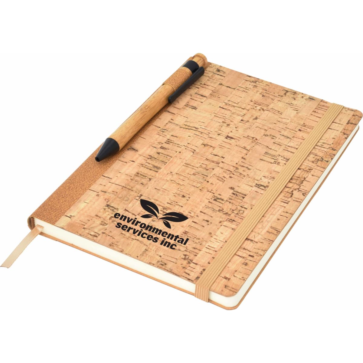 A cork-covered A5 notebook with an elastic band and a pen, featuring a logo on the front.