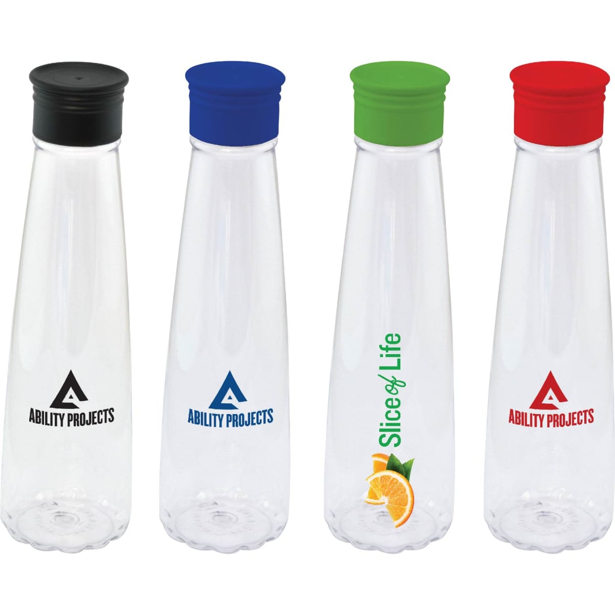 A drink bottle set featuring clear designs with black, red, green, and blue caps, and various branding.