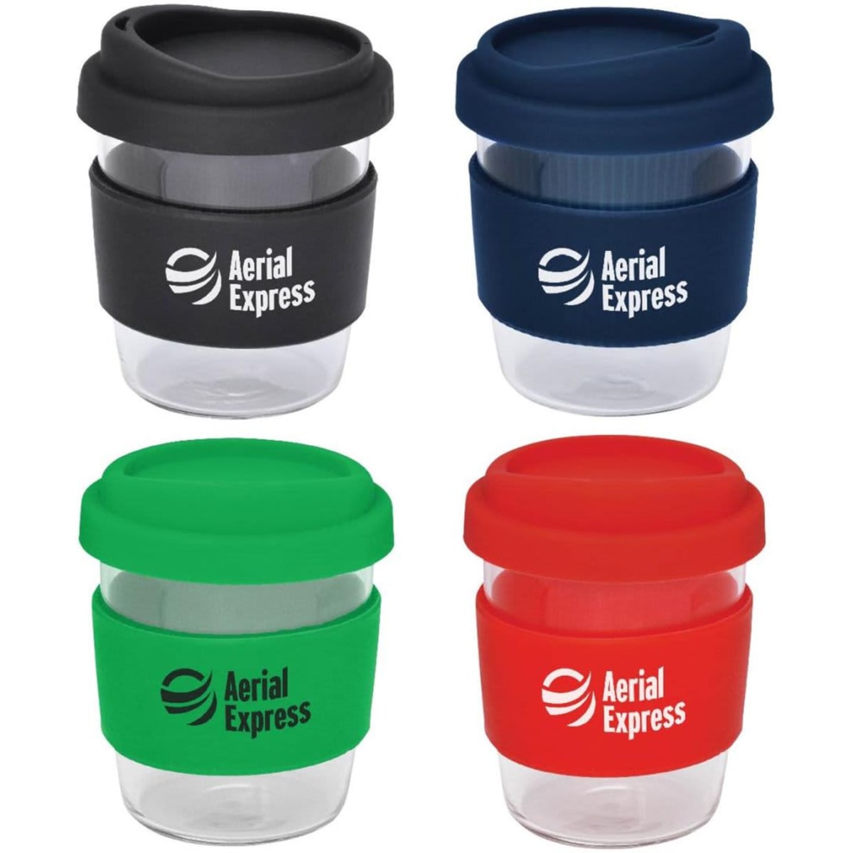 A set of reusable coffee cups in black, green, red, and clear, each with a silicone band and a logo.