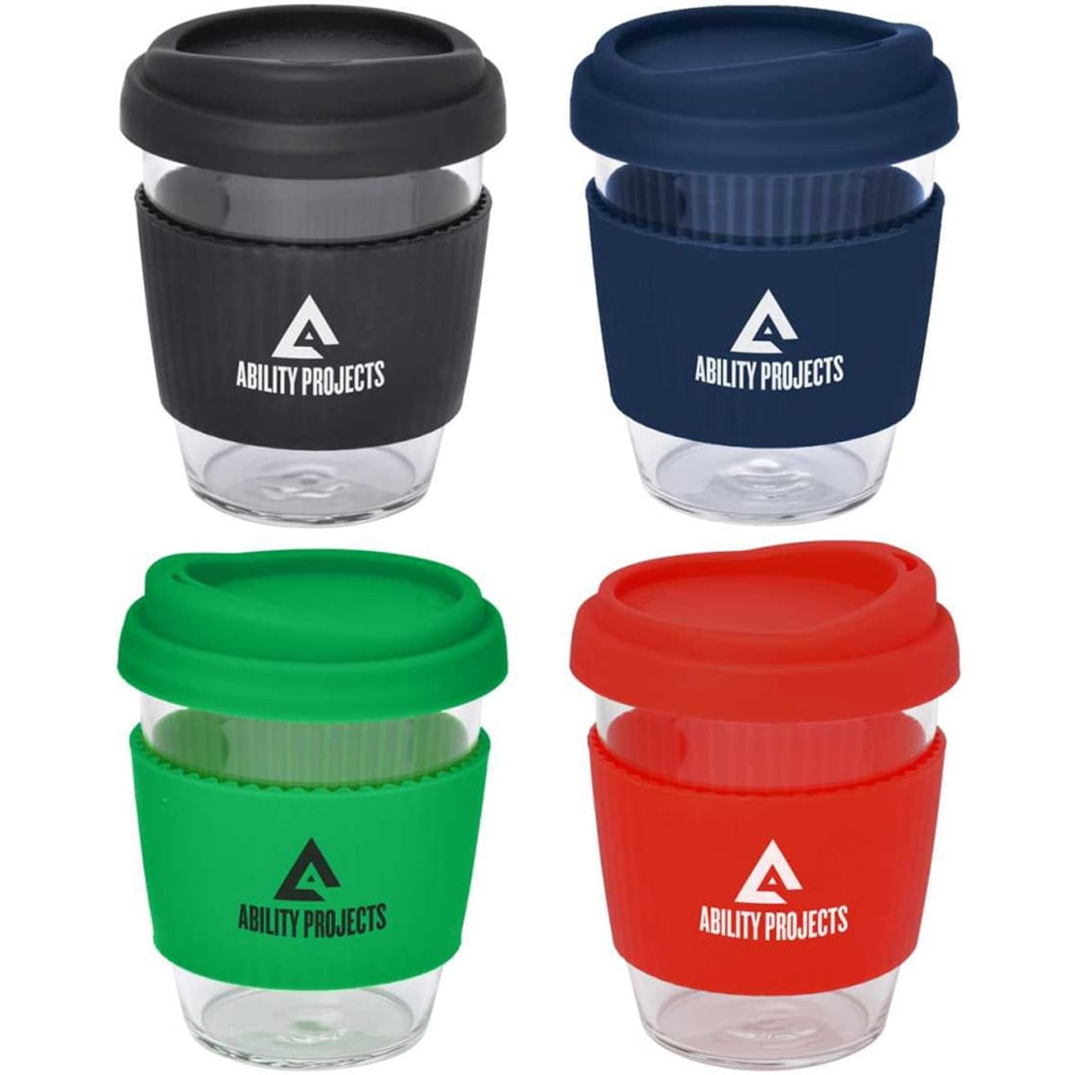 A drink bottle set featuring four reusable coffee cups in black, navy, green, and red, each with a logo.
